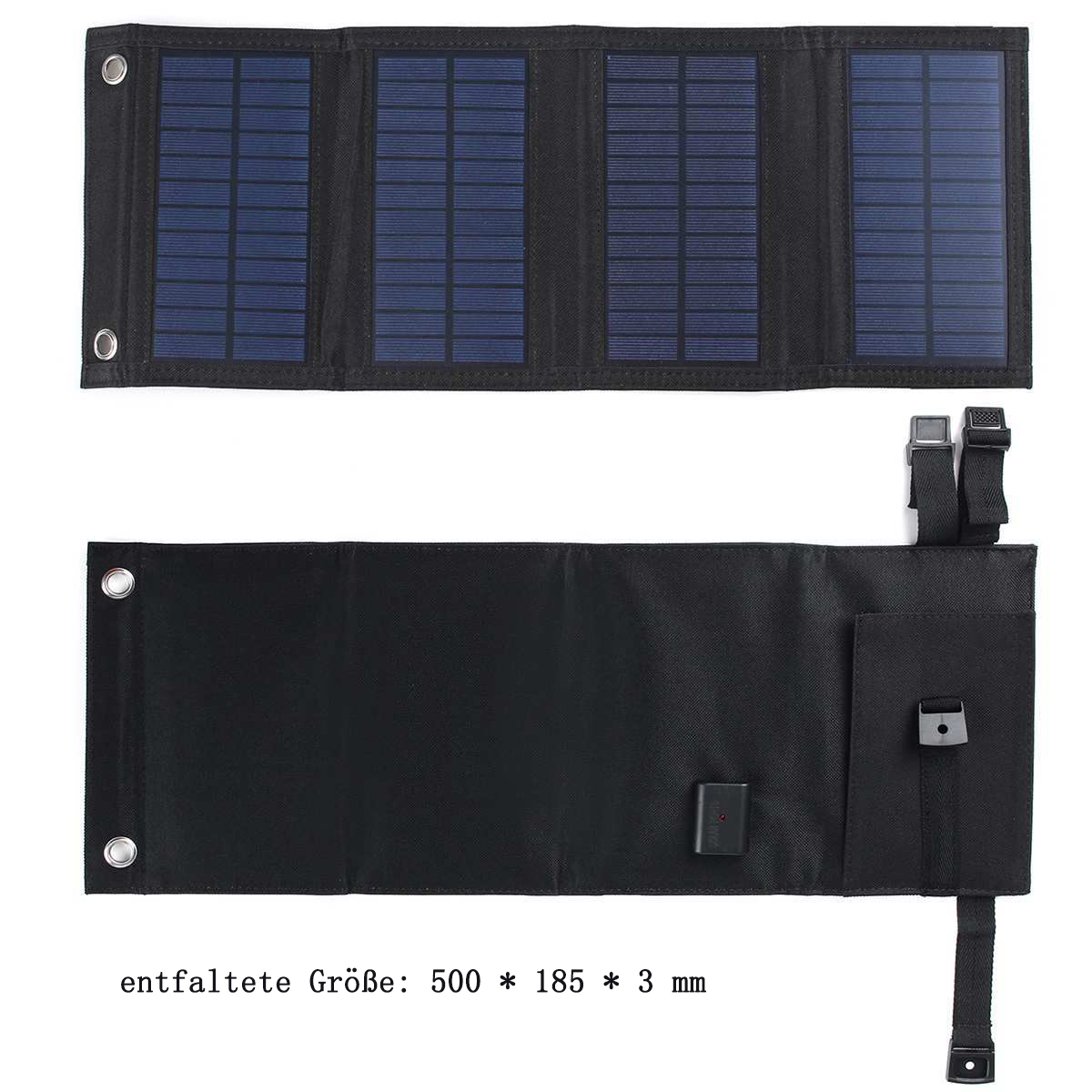 Aufgeklappt: Schwarzer Solarpanel-Charger mit drei blauen Solarzellen.