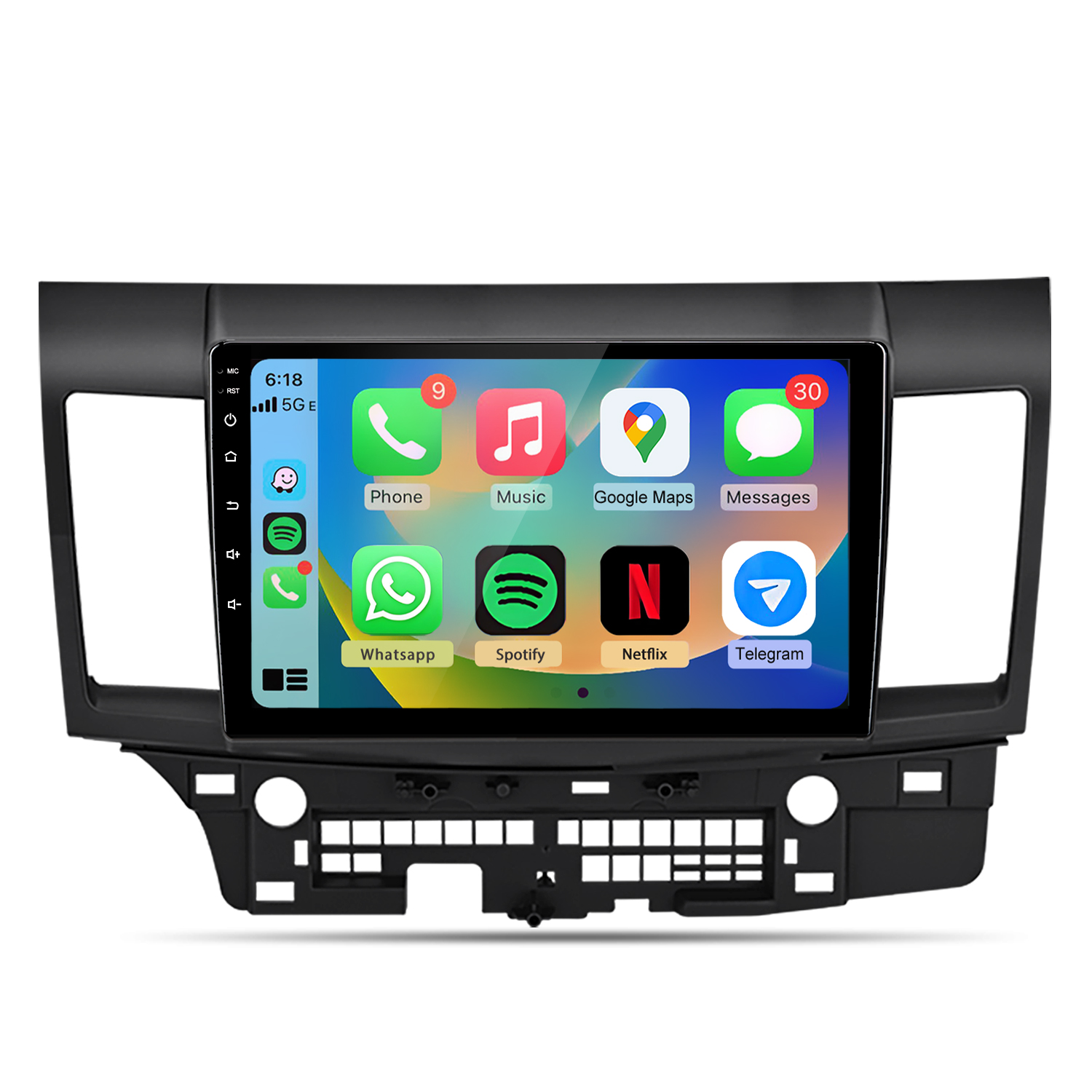 Ein Autoradio-Display zeigt Smartphone-Apps wie Telefon, Musik, Google Maps und Nachrichten.
