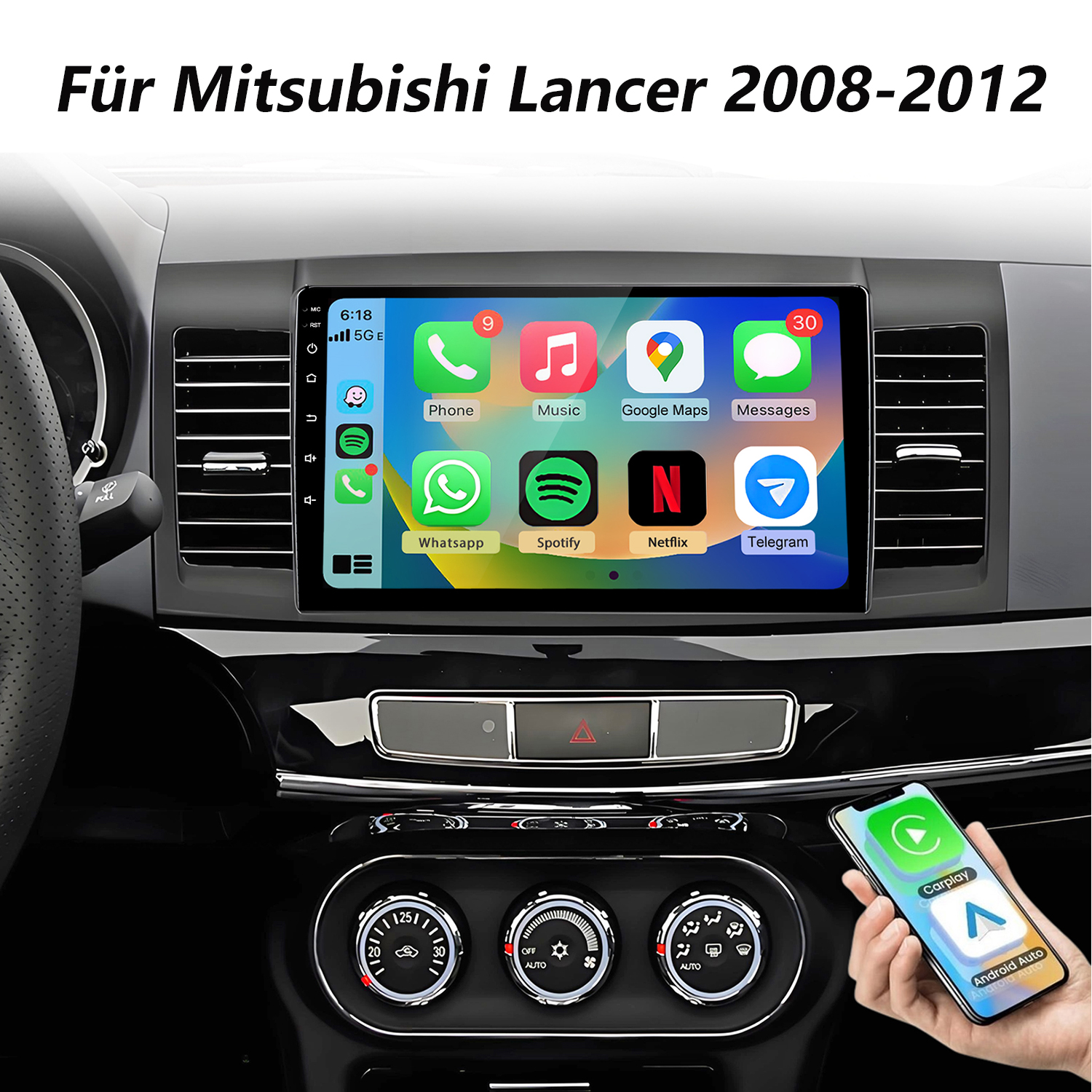Ein Touchscreen-Infotainmentsystem im Auto zeigt App-Icons wie Telefon, Musik und Karten.