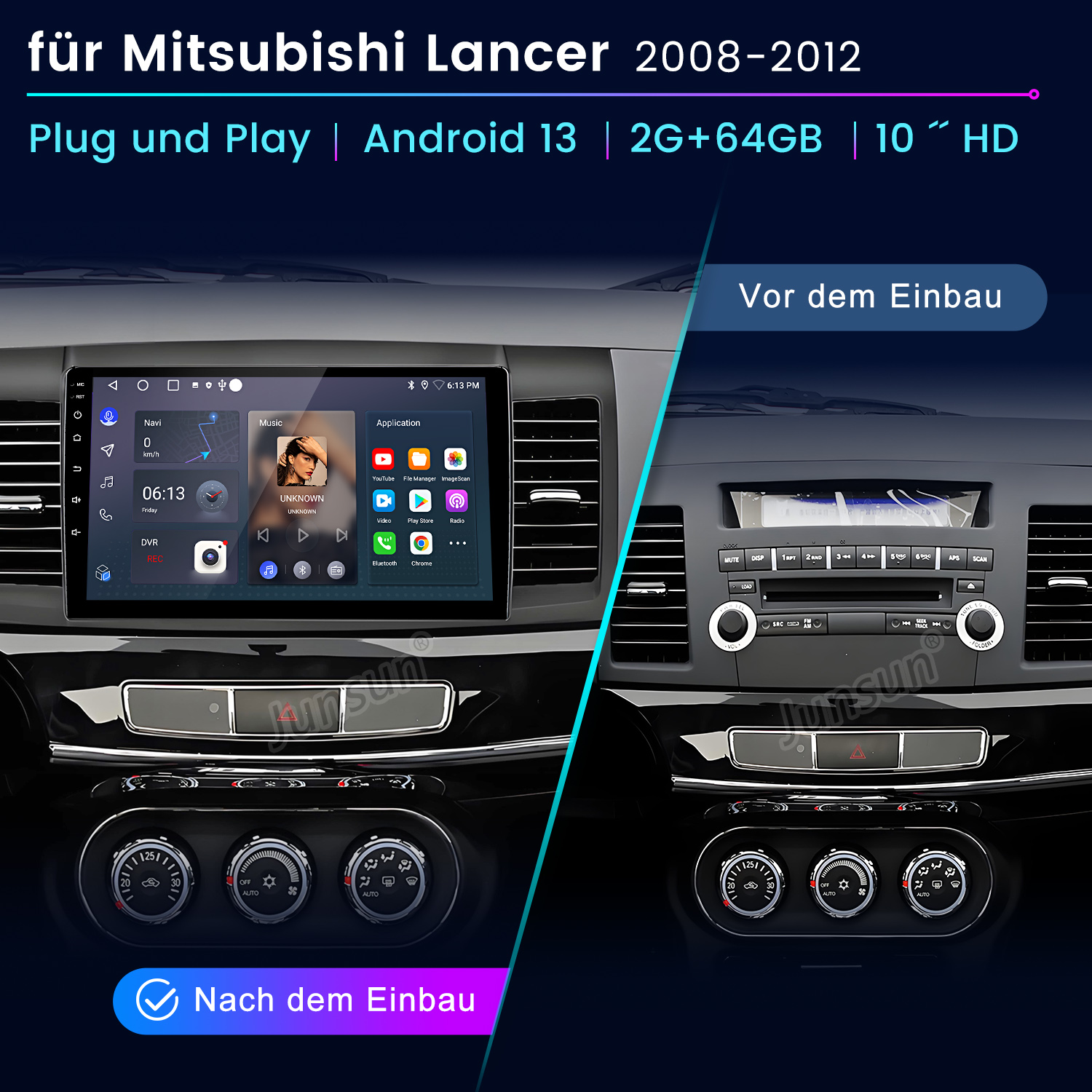 Vorher/Nachher-Vergleich eines Autoradios für Mitsubishi Lancer 2008-2012.