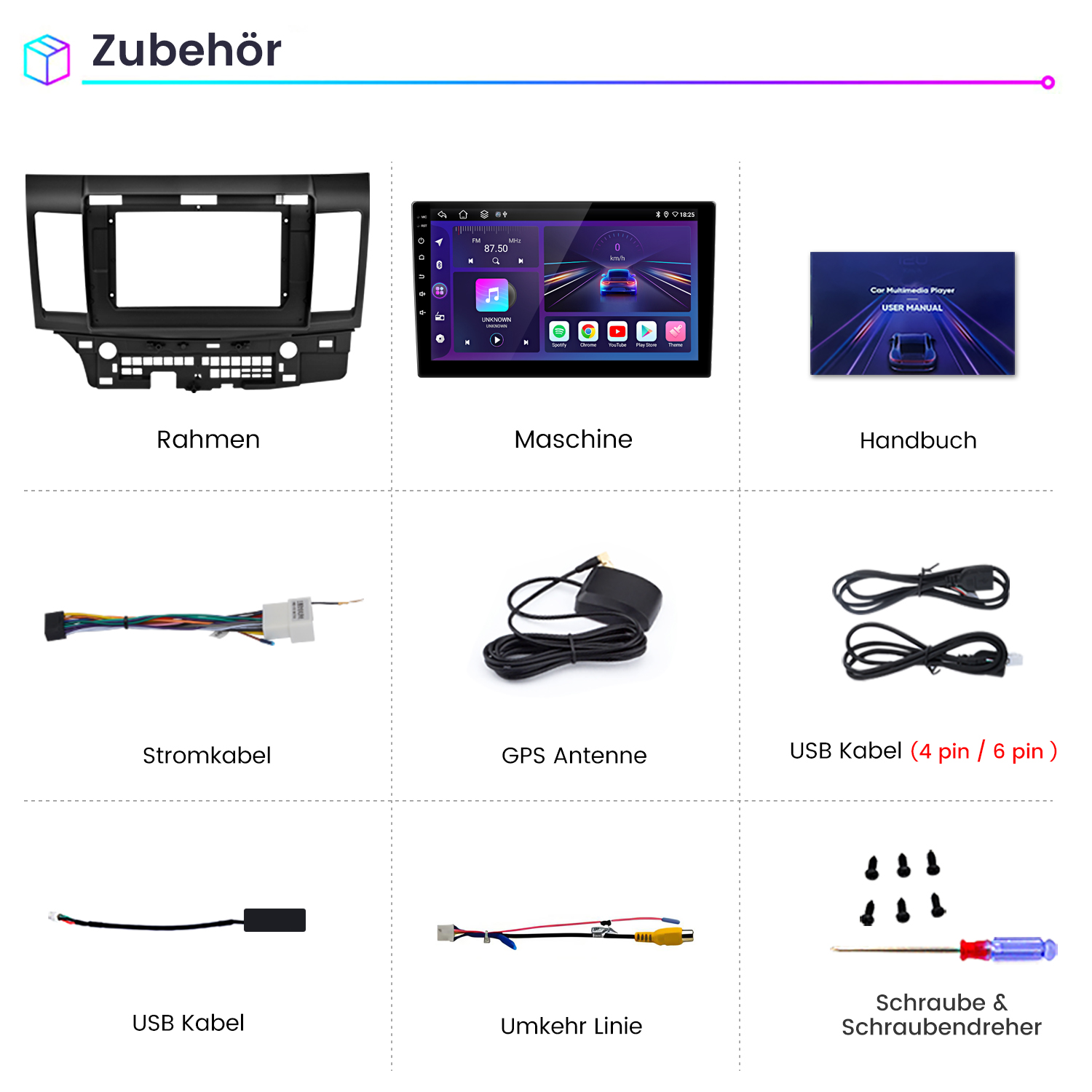 Einbau-Rahmen, Multimediasystem, Handbuch, Kabel, Antenne, USB-Kabel, Kamerasignal, Schrauben, Schraubendreher