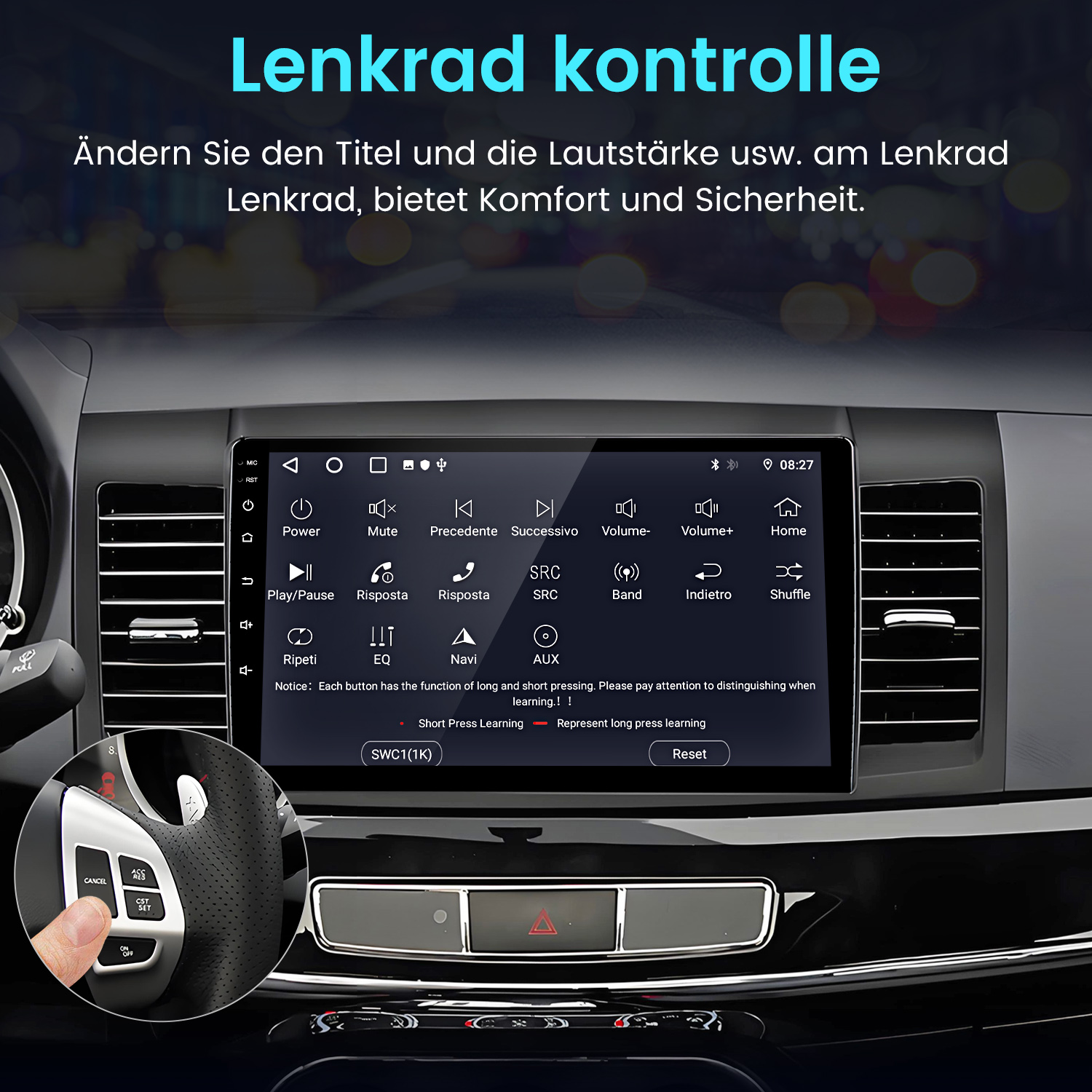 Ein Lenkrad mit einem Touchscreen-Infotainmentsystem und Tastenbelegung.