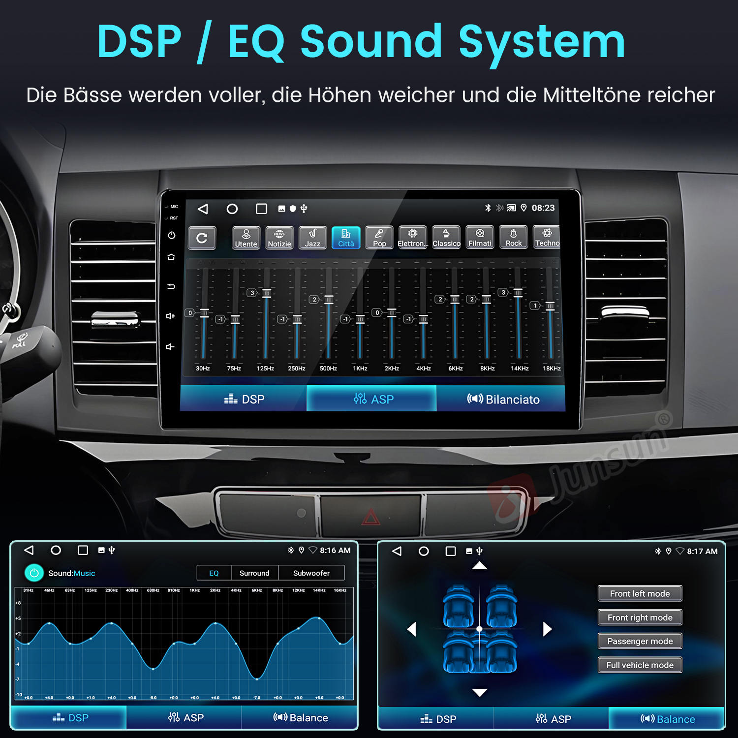 Auto-Infotainment-System mit DSP/EQ-Einstellungen, Equalizer-Grafik und Lautsprechermodi.