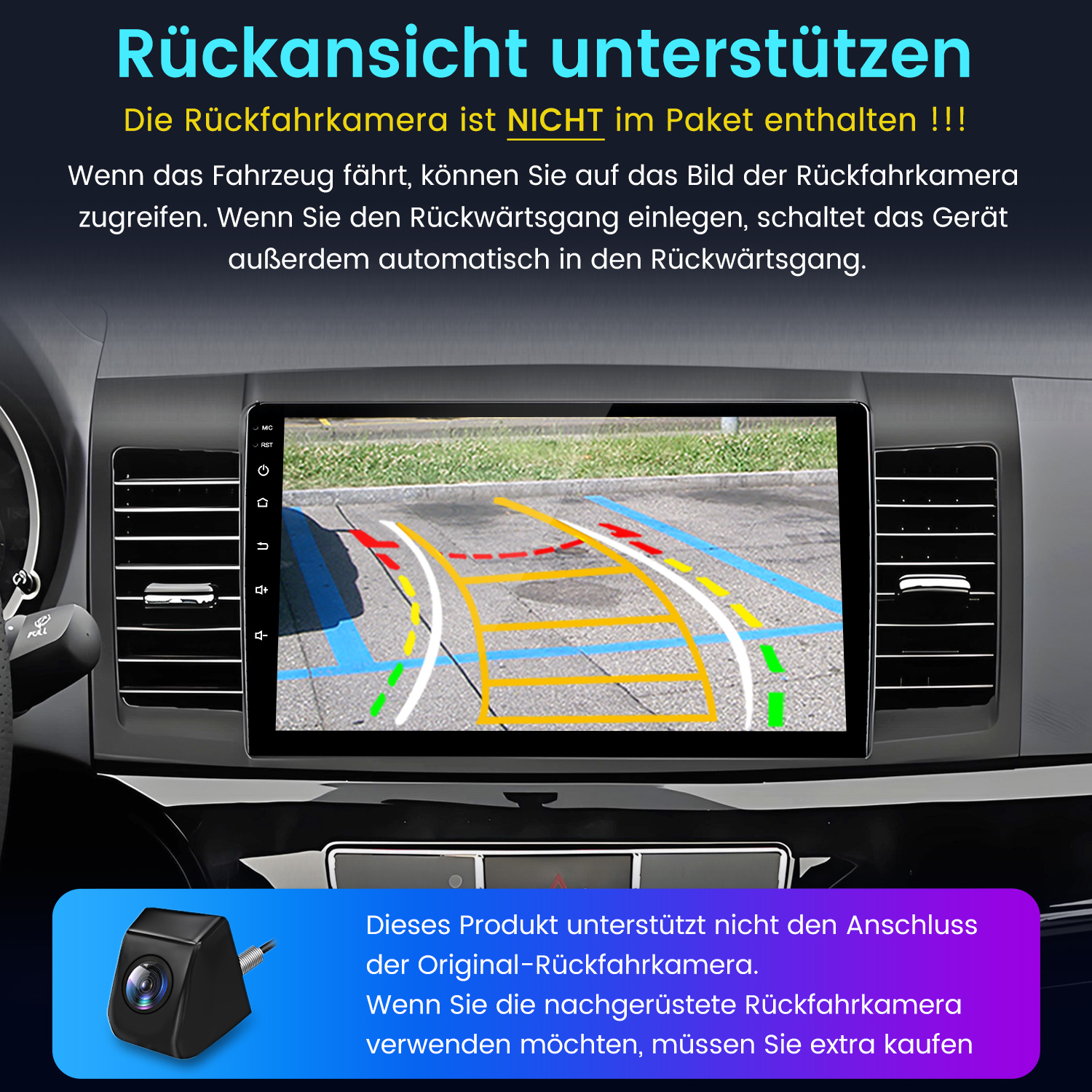 Armaturenbrett zeigt Rückfahrkamera-Ansicht mit Hilfslinien. Kleine Rückfahrkamera gezeigt.
