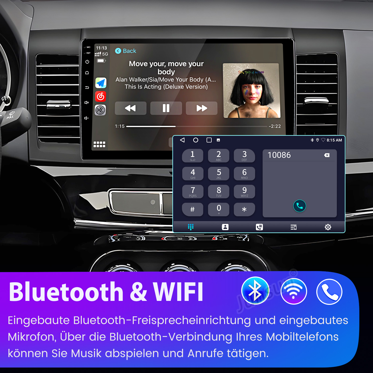 Ein Auto-Infotainmentsystem zeigt Musikwiedergabe und eine Tastatur an.