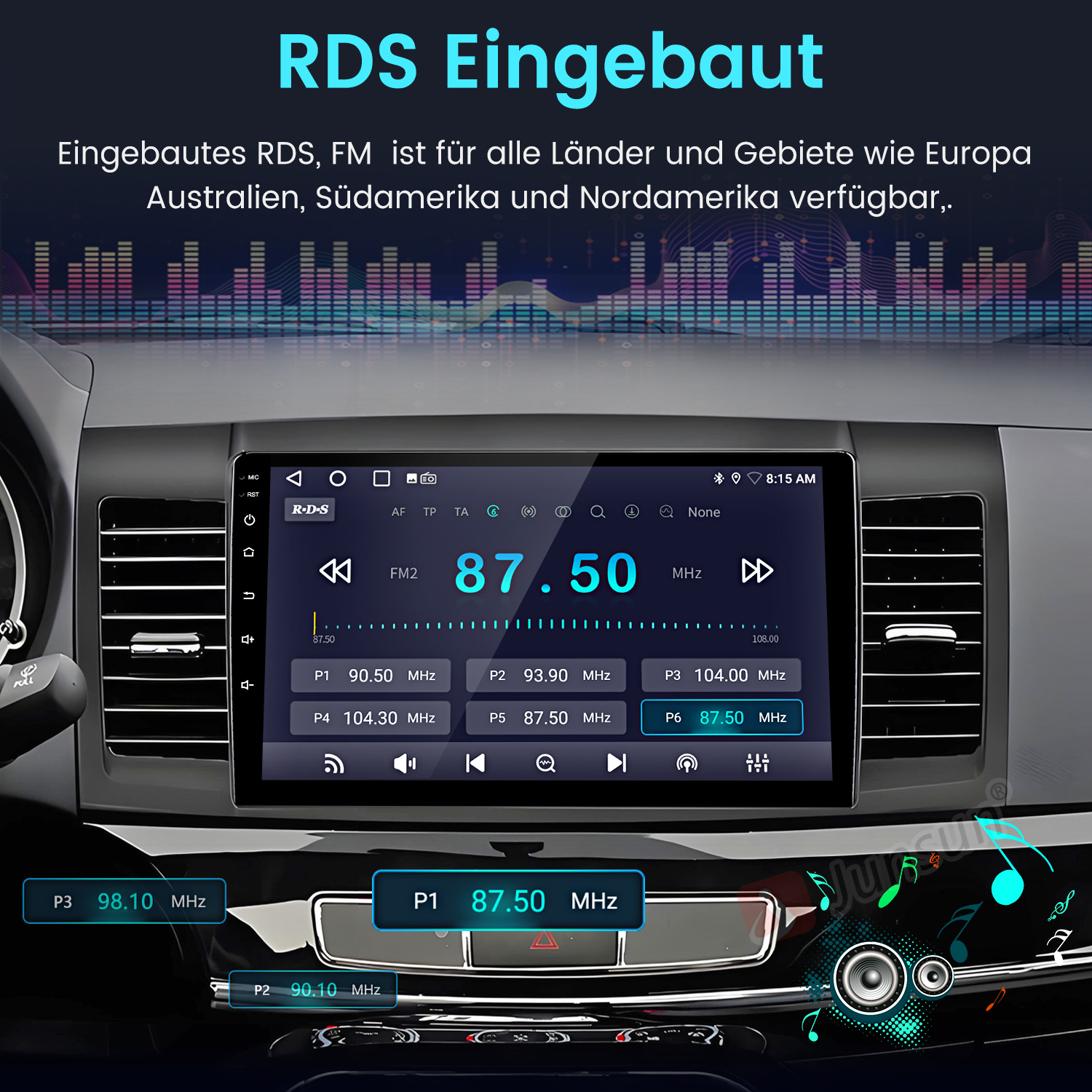 Ein Autoradio-Display zeigt Frequenzen und Sender. Ein Equalizer-Balken im Hintergrund.