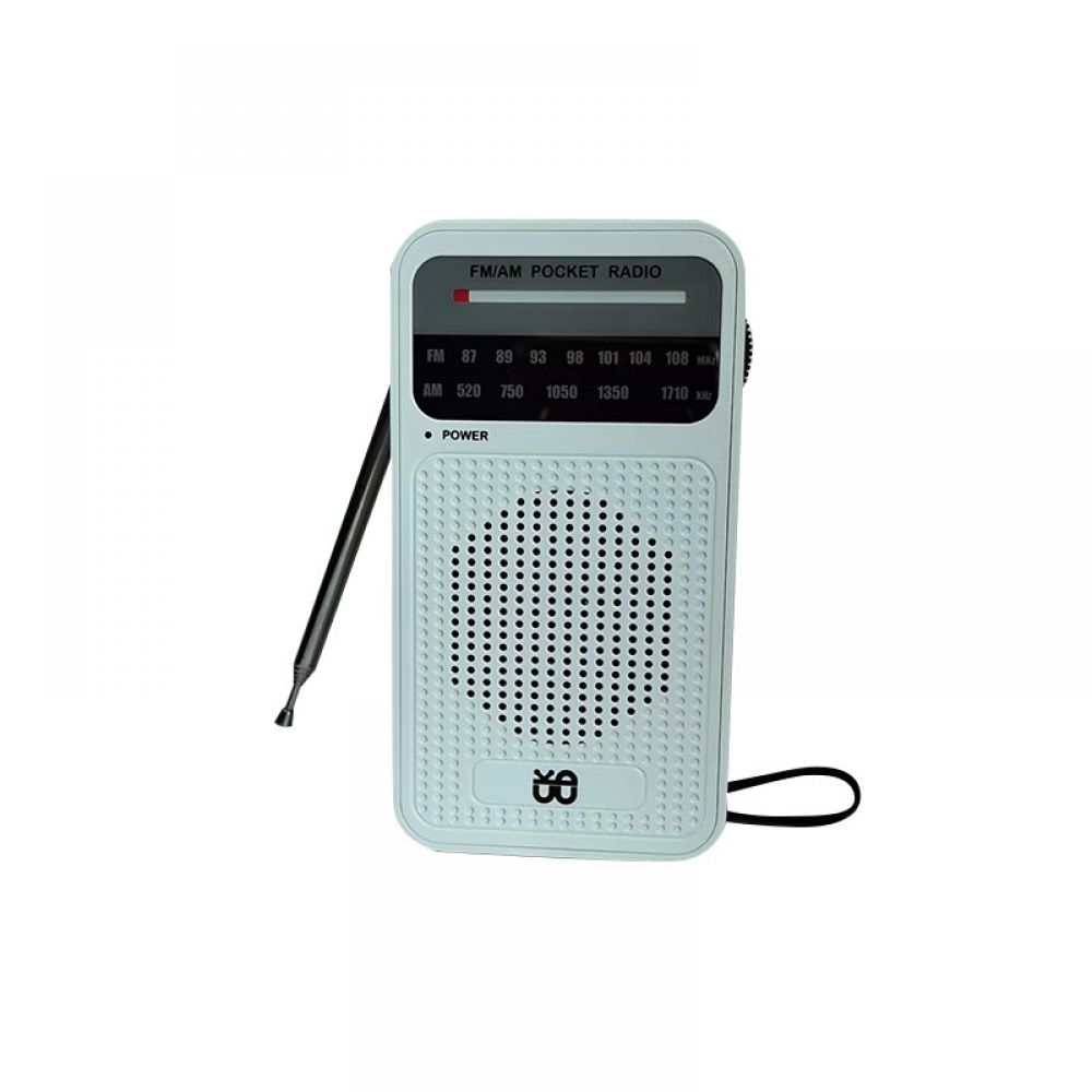 Ein hellblaues FM/AM Taschenradio mit ausgefahrenem Antennenstab und Lautsprechergitter.