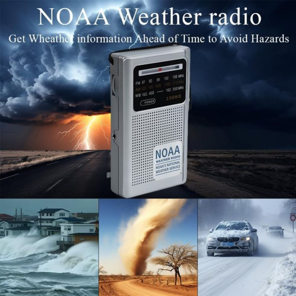 NOAA-Wetterradio mit drei Warnbildern: Sturm, Tornado, Schneesturm.