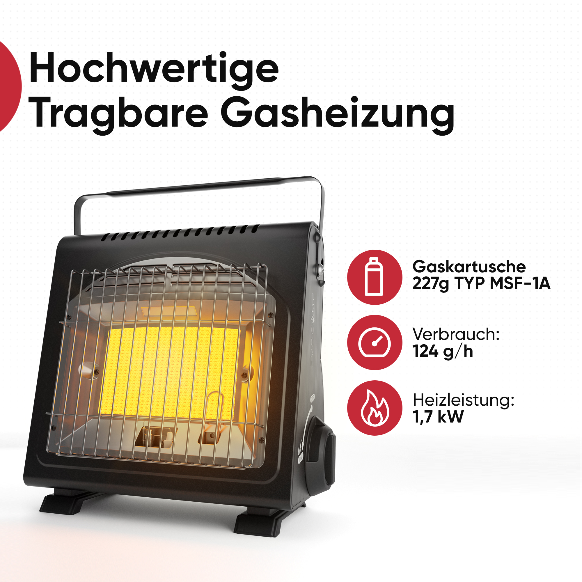 Schwarzer, tragbarer Gasheizer mit heißer Keramikplatte und Bedienelementen.
