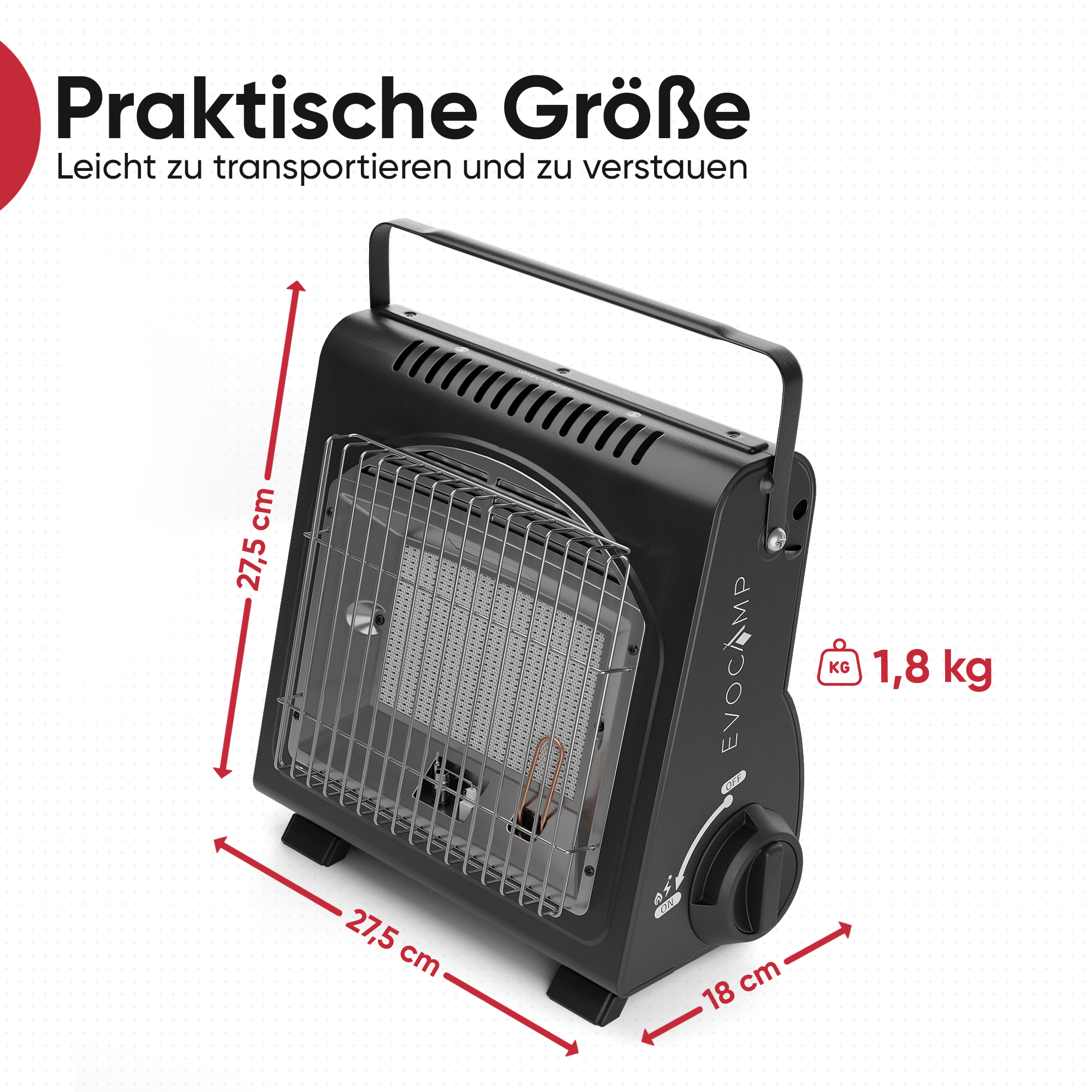 Schwarzer tragbarer Heizstrahler mit Maßen 27,5x27,5x18cm und 1,8kg.