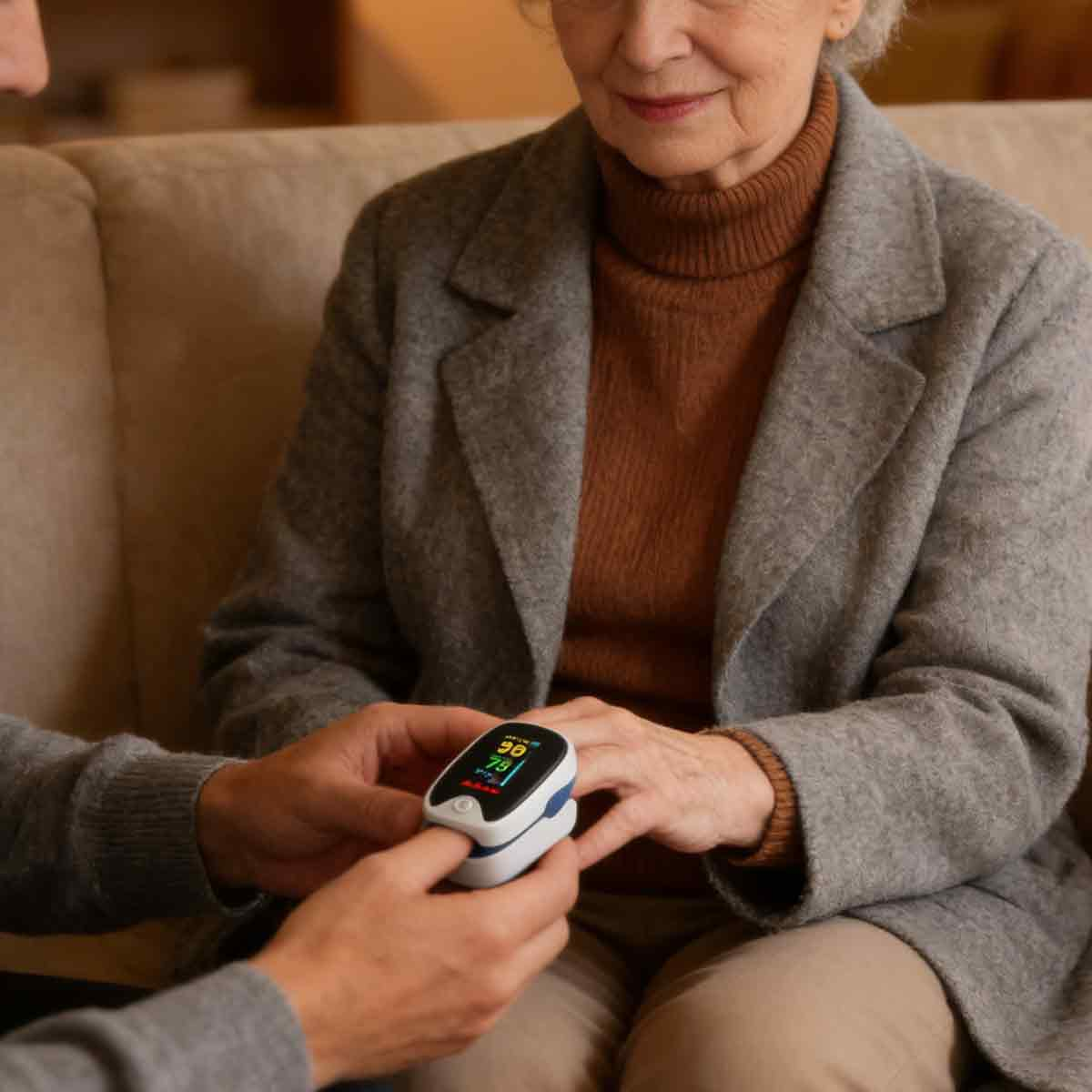 Ein Pulsoximeter wird an den Finger einer älteren Frau angelegt, die auf einem Sofa sitzt.