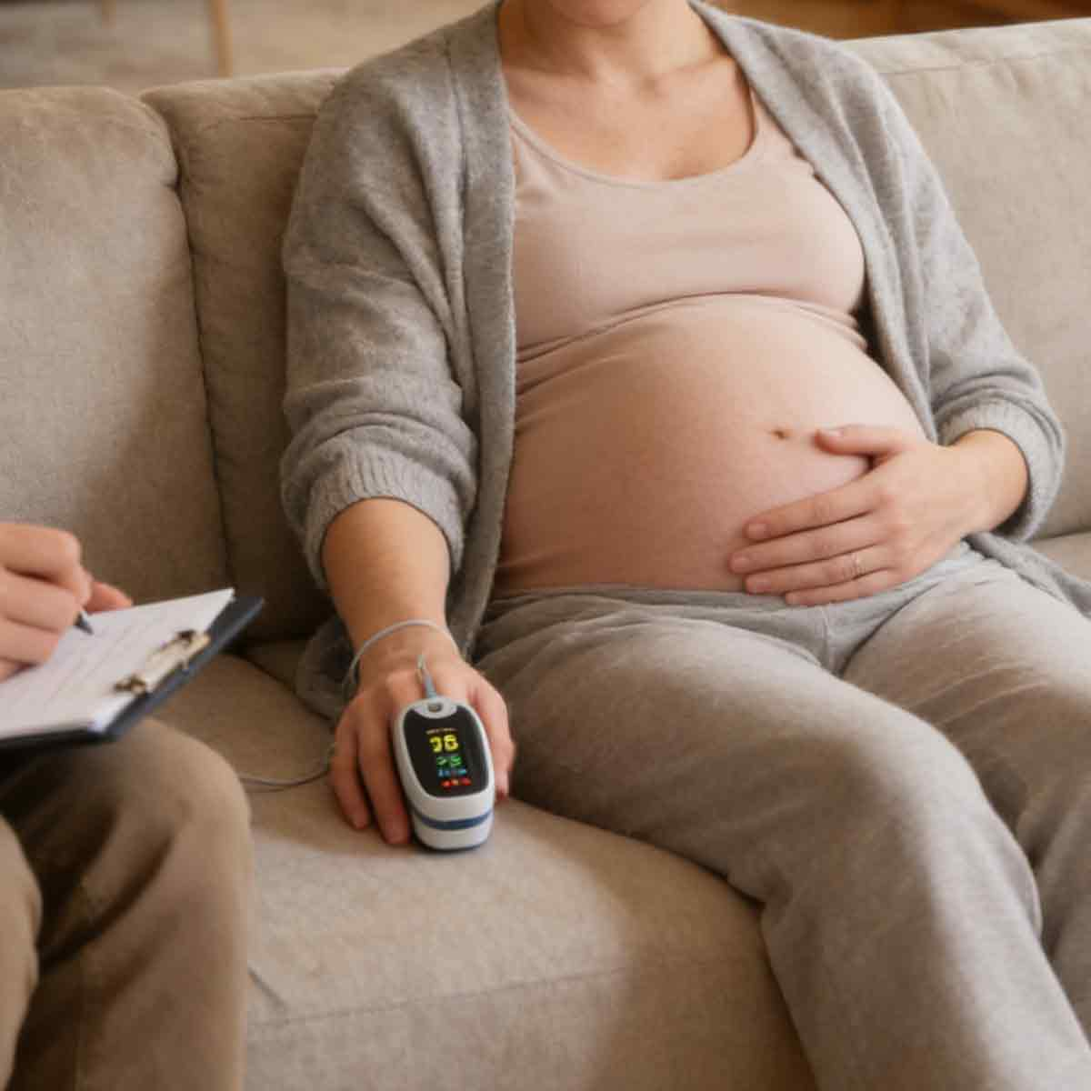 Schwangere Frau mit Pulsoximeter am Finger, sitzt auf Sofa neben Person mit Klemmbrett.