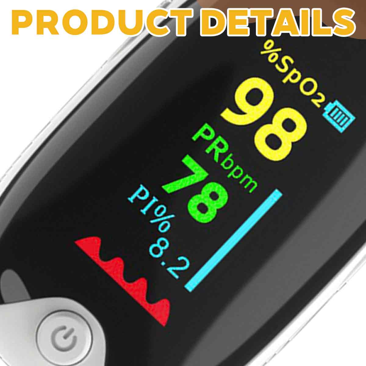 Pulsoximeter-Display mit SpO2 98%, PR 78, PI 8,2%. Batteriestatus sichtbar.