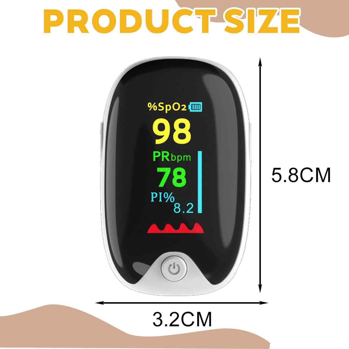 Pulsoximeter zeigt 98% SpO2 und 78 Schläge/Min. Maße 5,8x3,2cm.