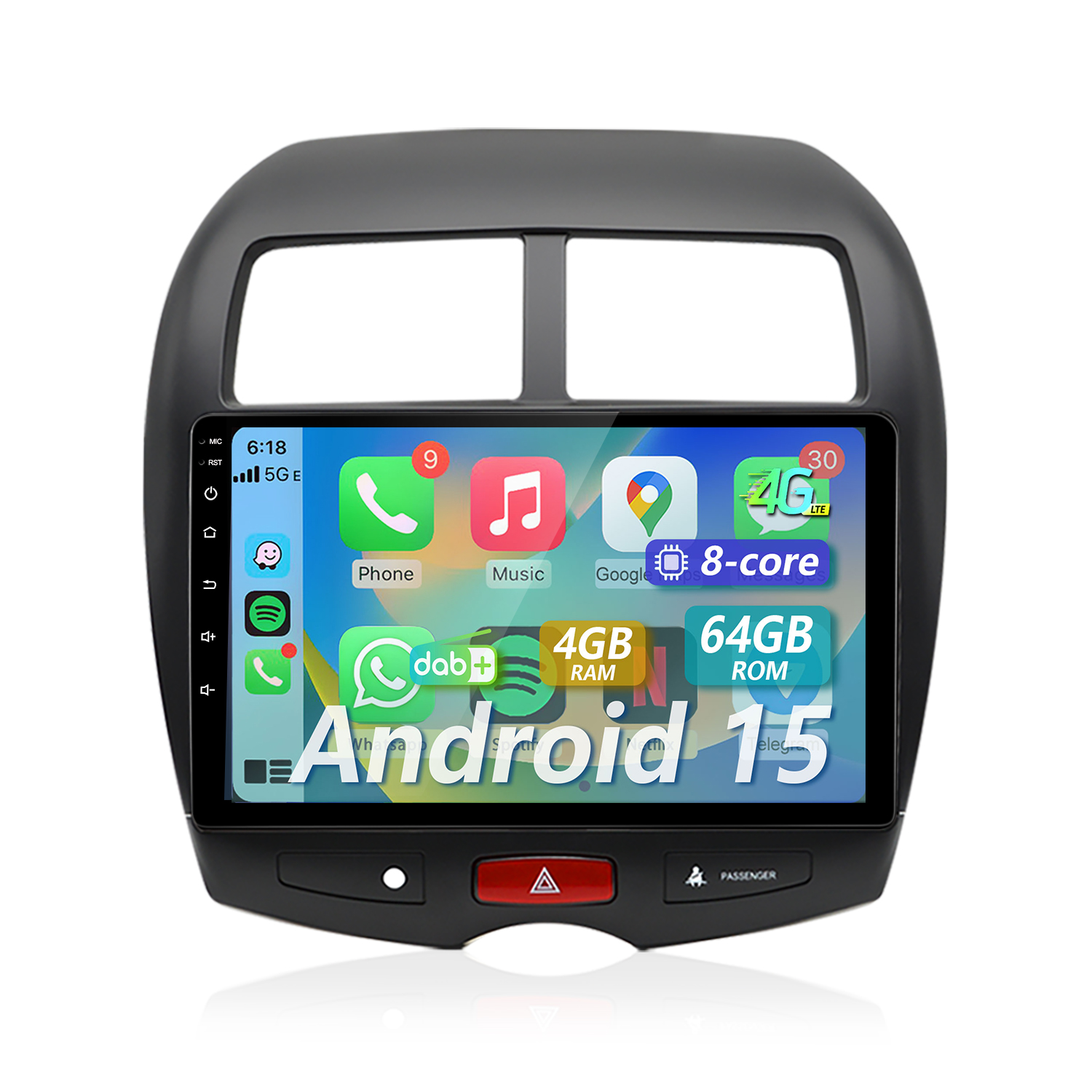 Ein graues Autoradio mit Android 15, Apps wie Phone, Musik, Google, 4G LTE.