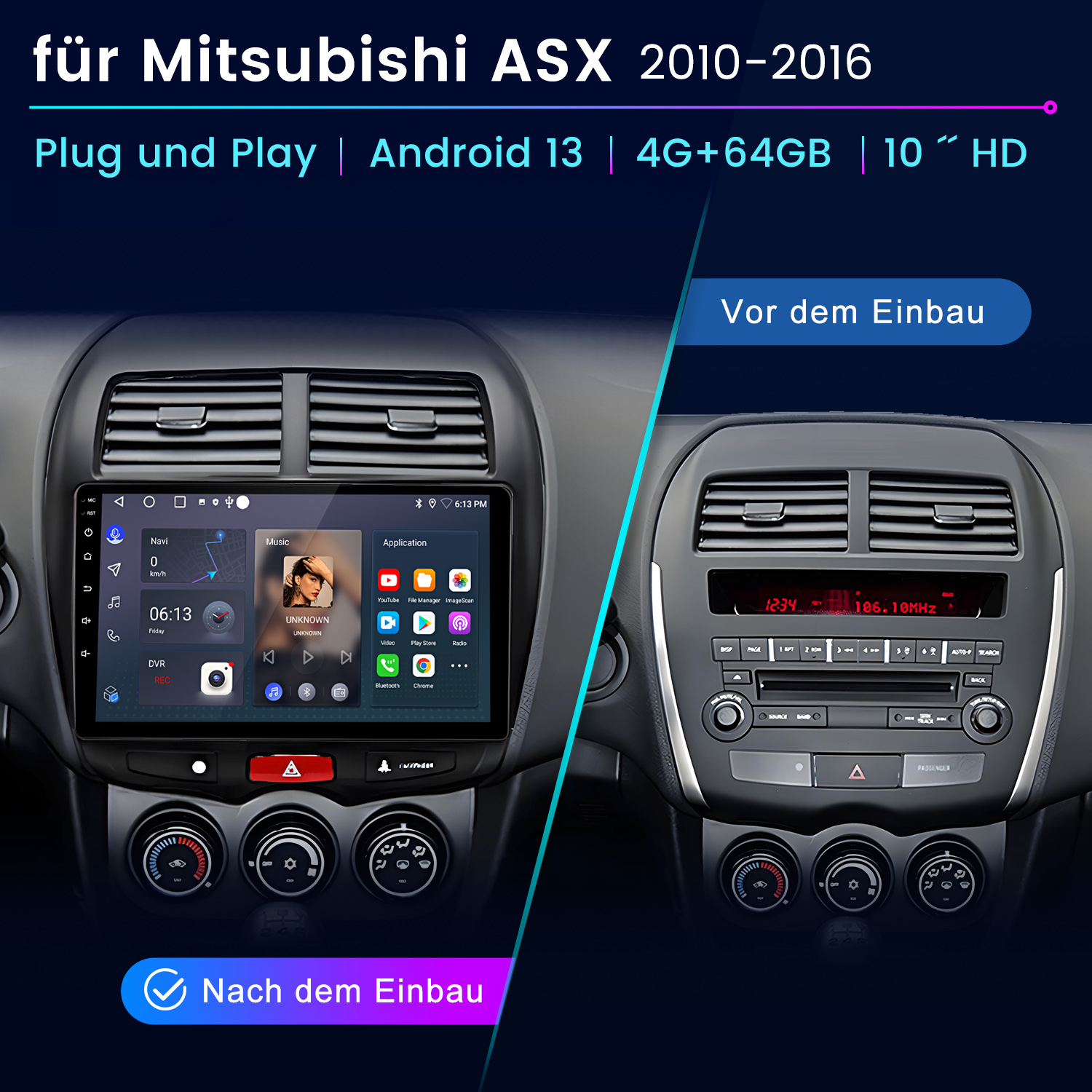 Vorher/Nachher-Vergleich eines Mitsubishi ASX-Radios mit Touchscreen-Navigation und Standardradio.