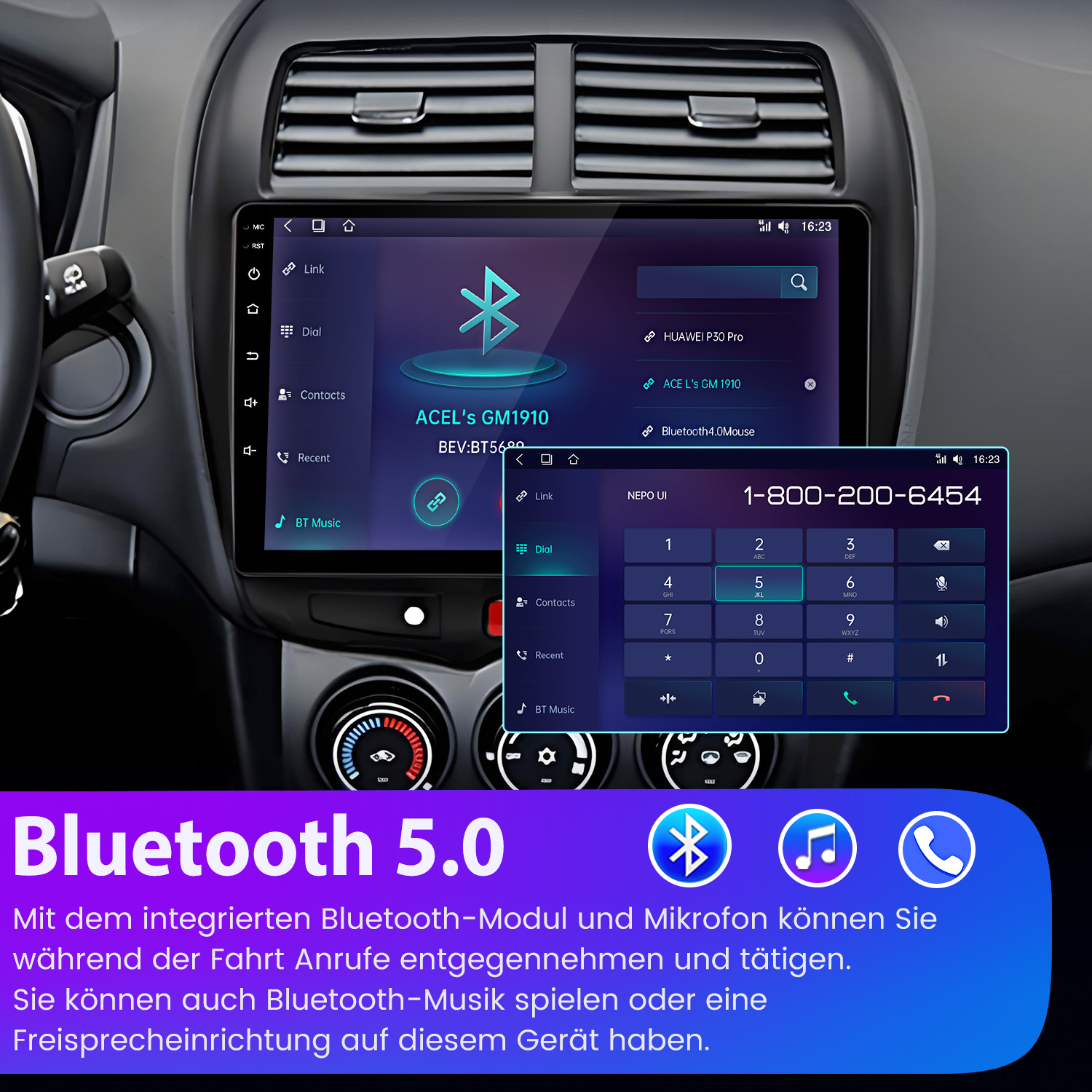 Ein Autoradio-Touchscreen zeigt eine Bluetooth-Verbindung und ein Wählfeld an.