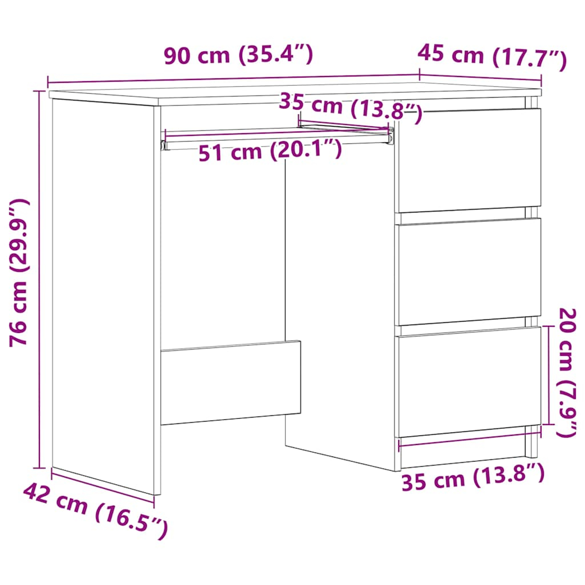 Eine schematische Darstellung eines Schranks mit Schubladen und Maßen.