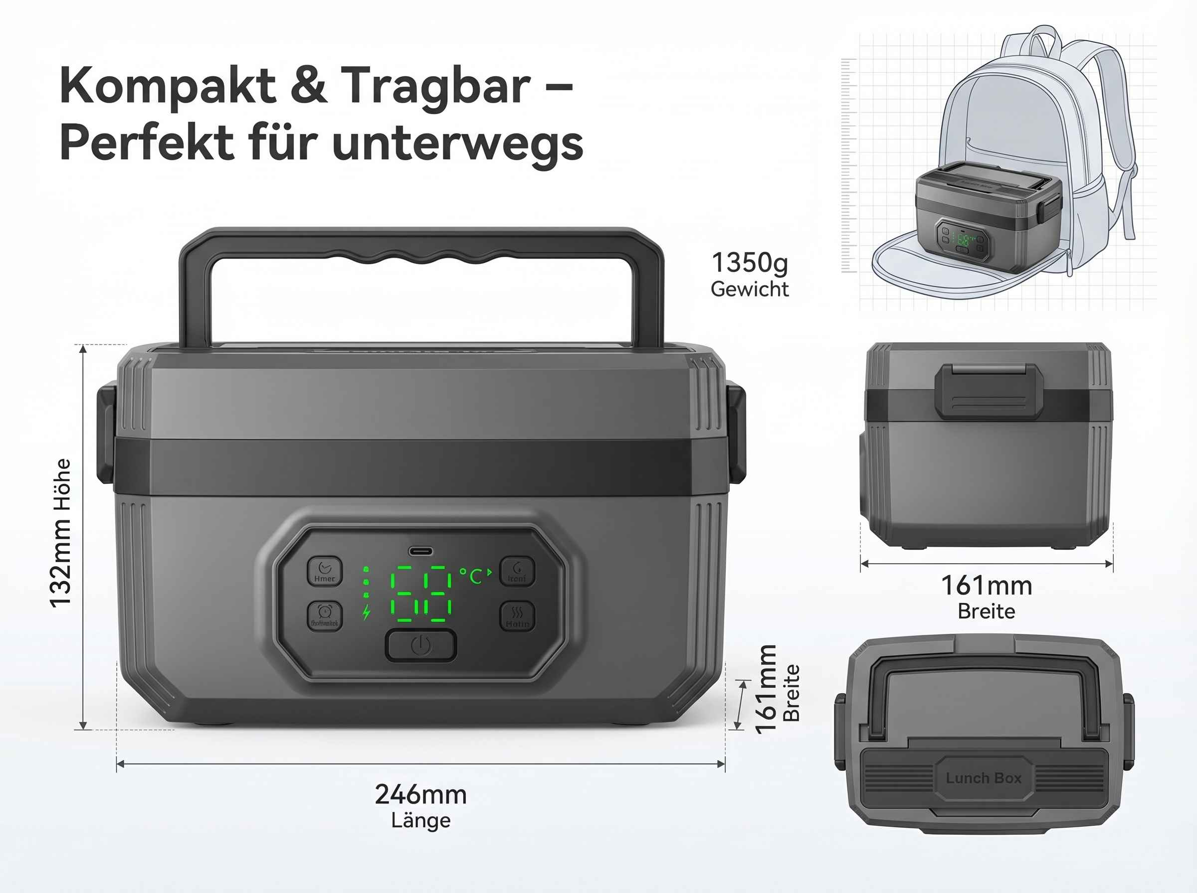 Grauer Lunchbox mit Griff, Display, Maßen und Rucksack-Illustration.