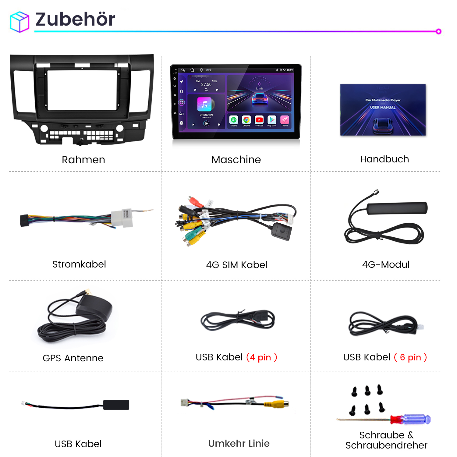 Bild zeigt Autozubehör: Rahmen, Bildschirm, Handbuch, diverse Kabel, Antenne, Schrauben.