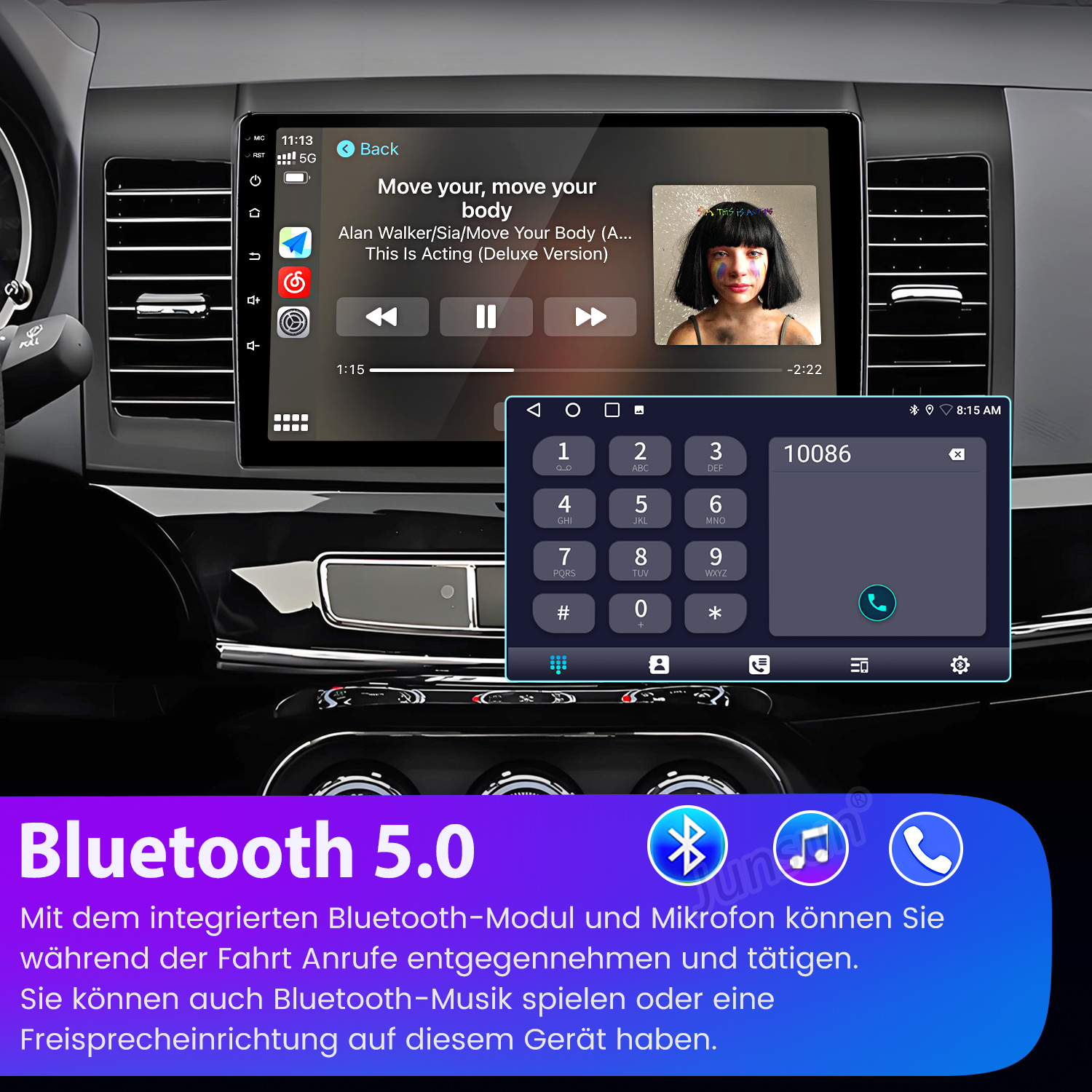 Autoinnenraum mit Touchscreen, zeigt Musik-Player und Tastatur. Unten Bluetooth 5.0 Schriftzug.