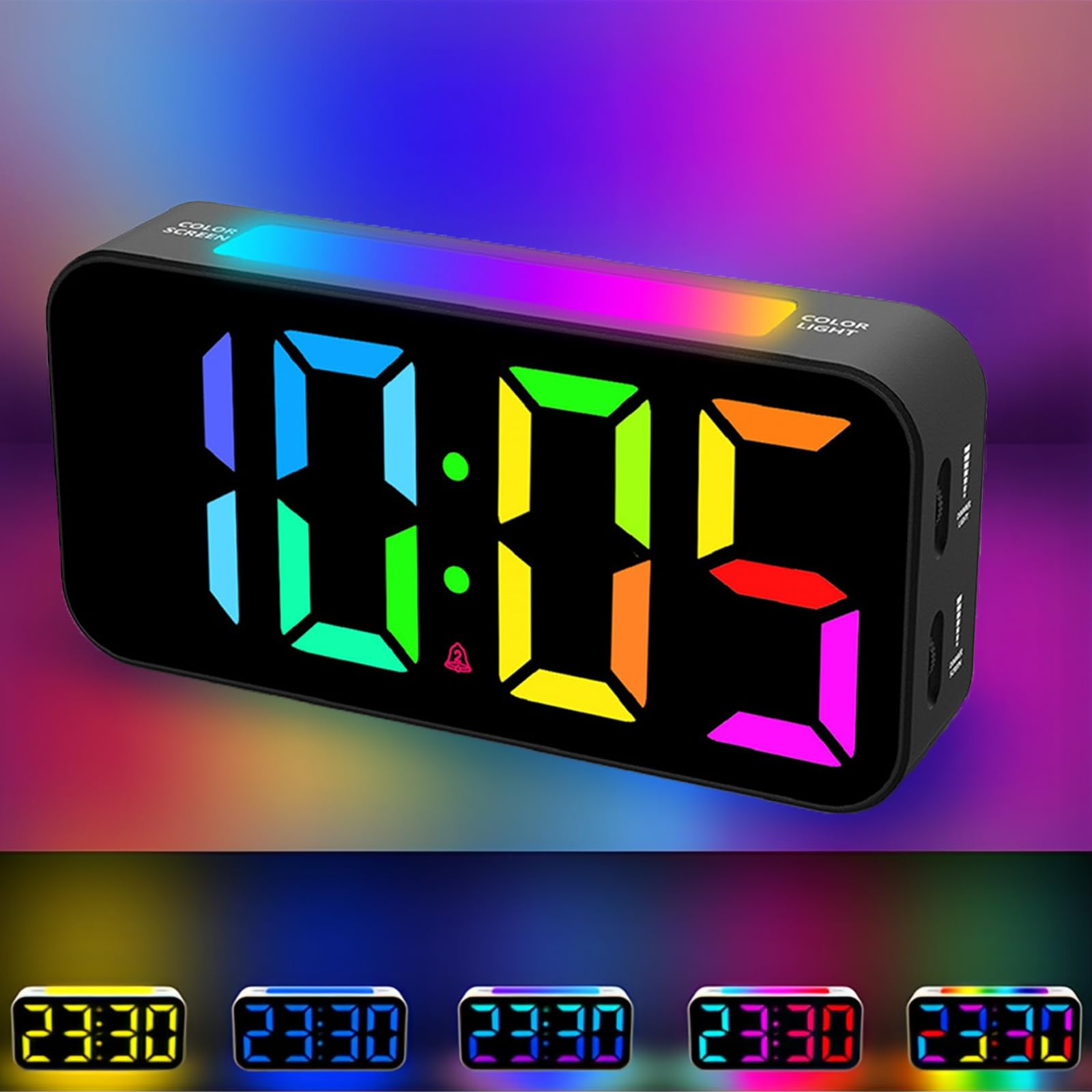 Ein digitaler Wecker mit farbigen Ziffern und einem Regenbogenlichtstreifen.