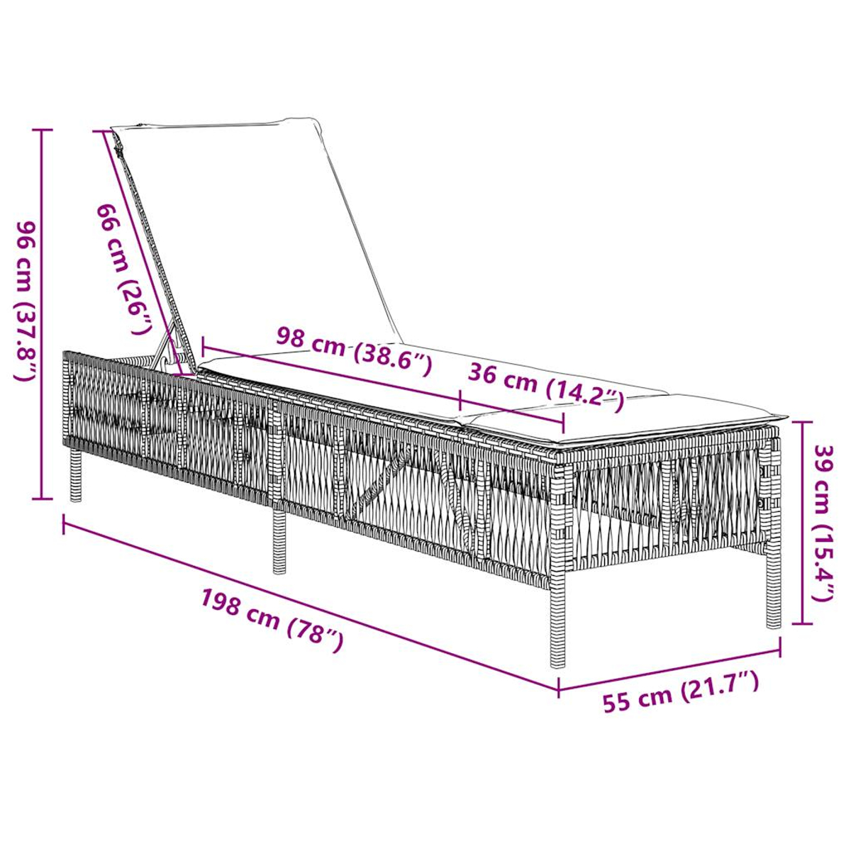 Geflochtene Liege mit Maßen: L 198 cm, H 96 cm, B 55 cm. Verstellbar.