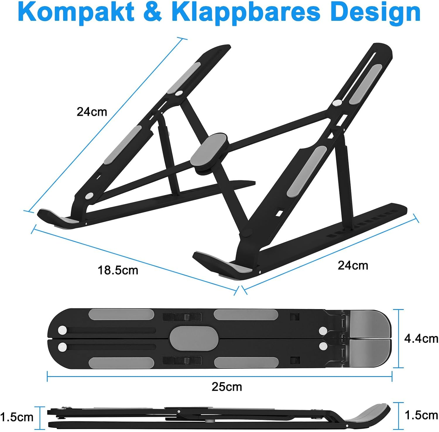 Ein schwarzer, zusammenklappbarer Laptop-Ständer mit Maßen.