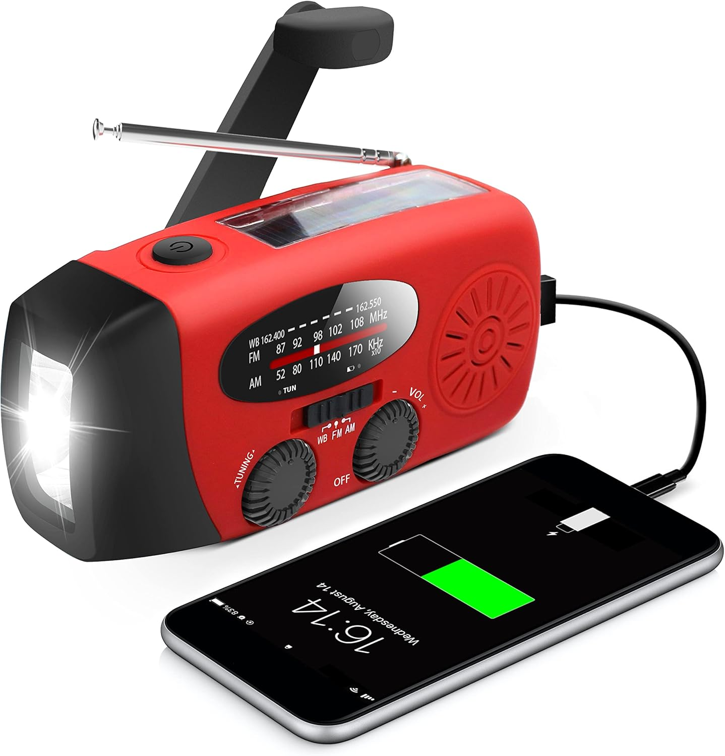 Rotes Notfallradio mit Kurbel, Solarpanel, Taschenlampe und Lade-Smartphone.