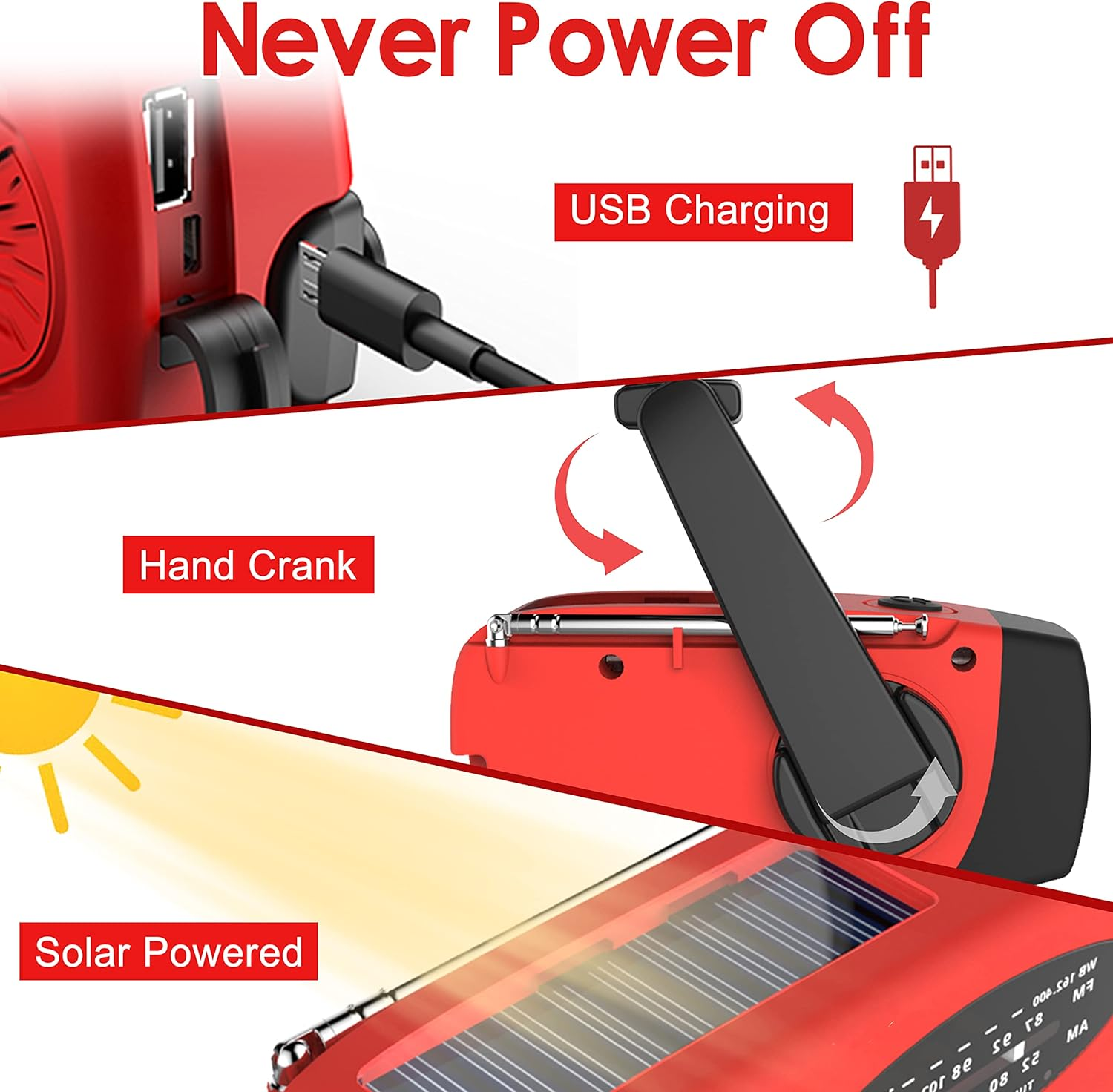 Rotes Kurbelradio mit Solarpanel, USB-Aufladung und Handkurbel.