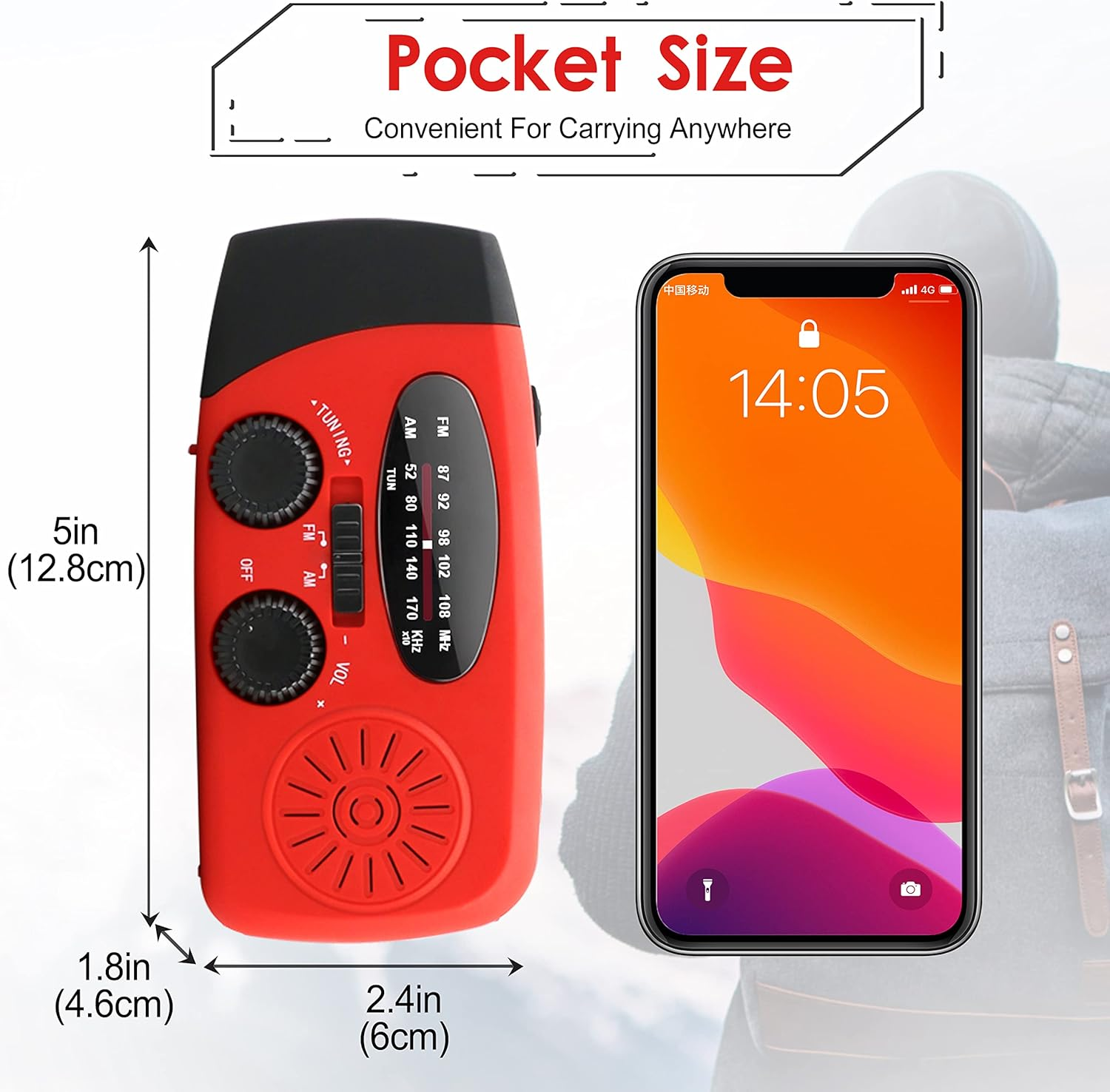 Rotes Kurbelradio und Smartphone nebeneinander, mit Größenangaben.