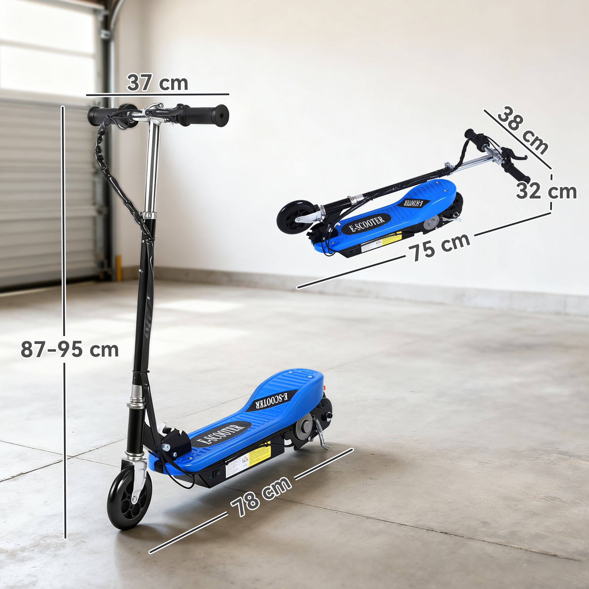 Un patinete eléctrico azul con dimensiones. Uno está de pie y el otro yace a su lado.