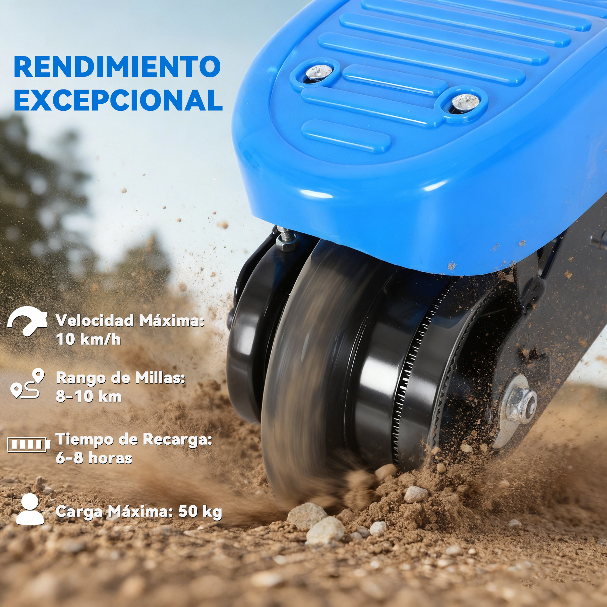 Patinete azul sobre tierra. Velocidad máxima 10 km/h.