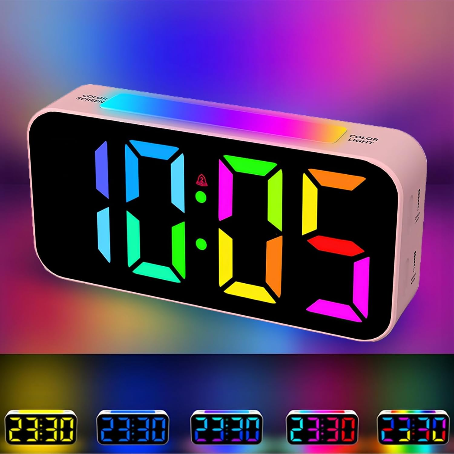 Digitaler Wecker mit regenbogenfarbenem Zeitanzeige und oberer Lichtleiste.