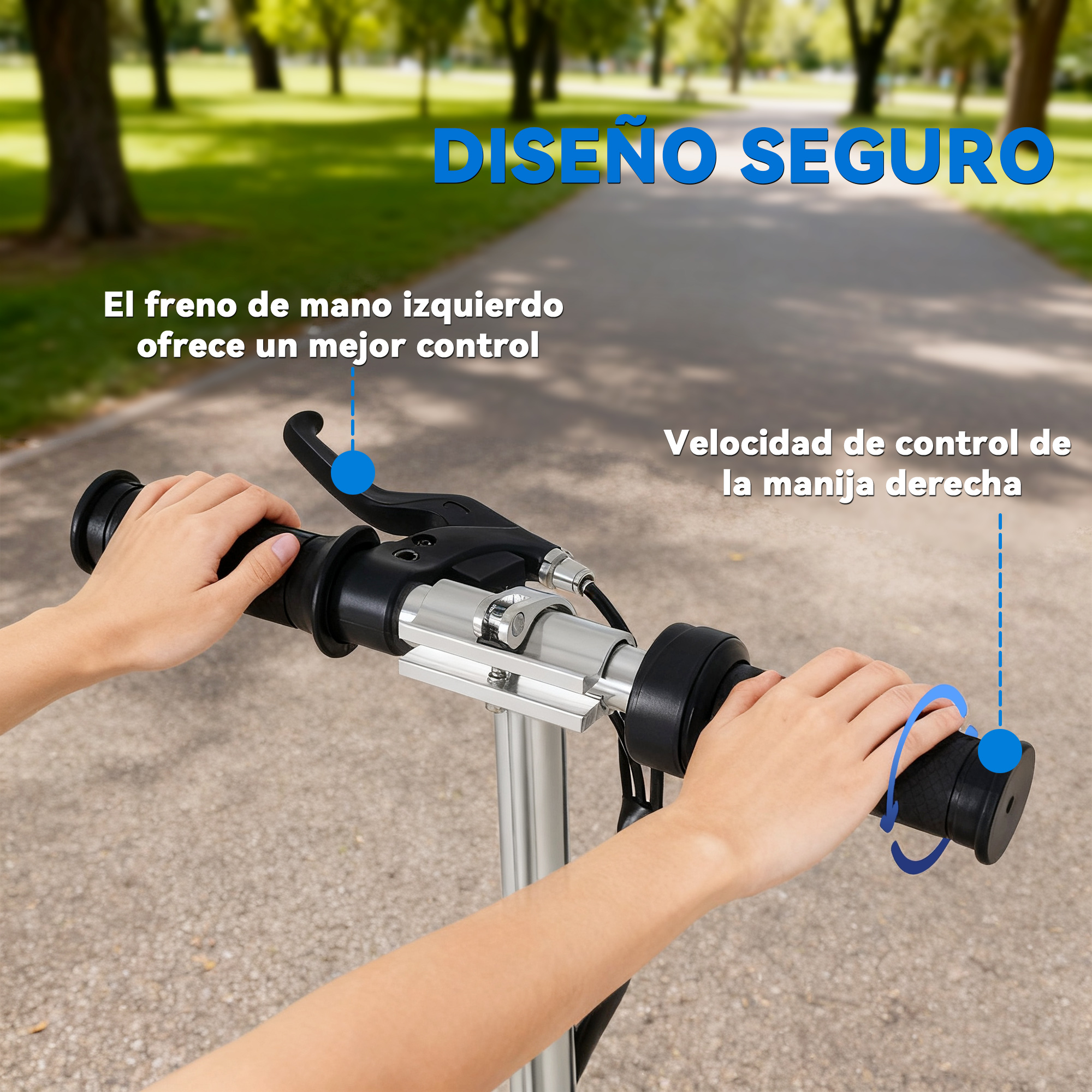 Manos controlan un manillar de patinete con freno en un parque.