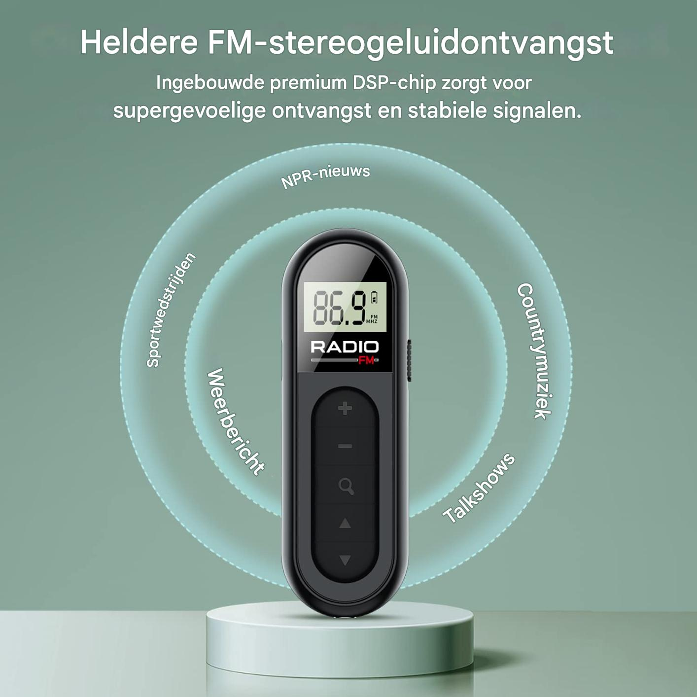 Ein schwarzes Radio zeigt 86,9 FM. Es ist auf einem Sockel.