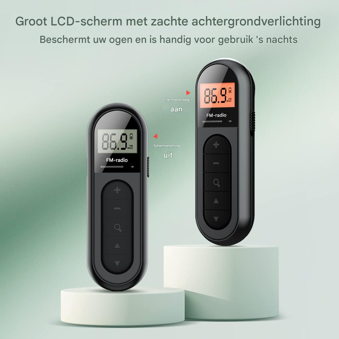 Zwei schwarze Radios mit LCD-Bildschirmen, die 86,9 FM anzeigen.