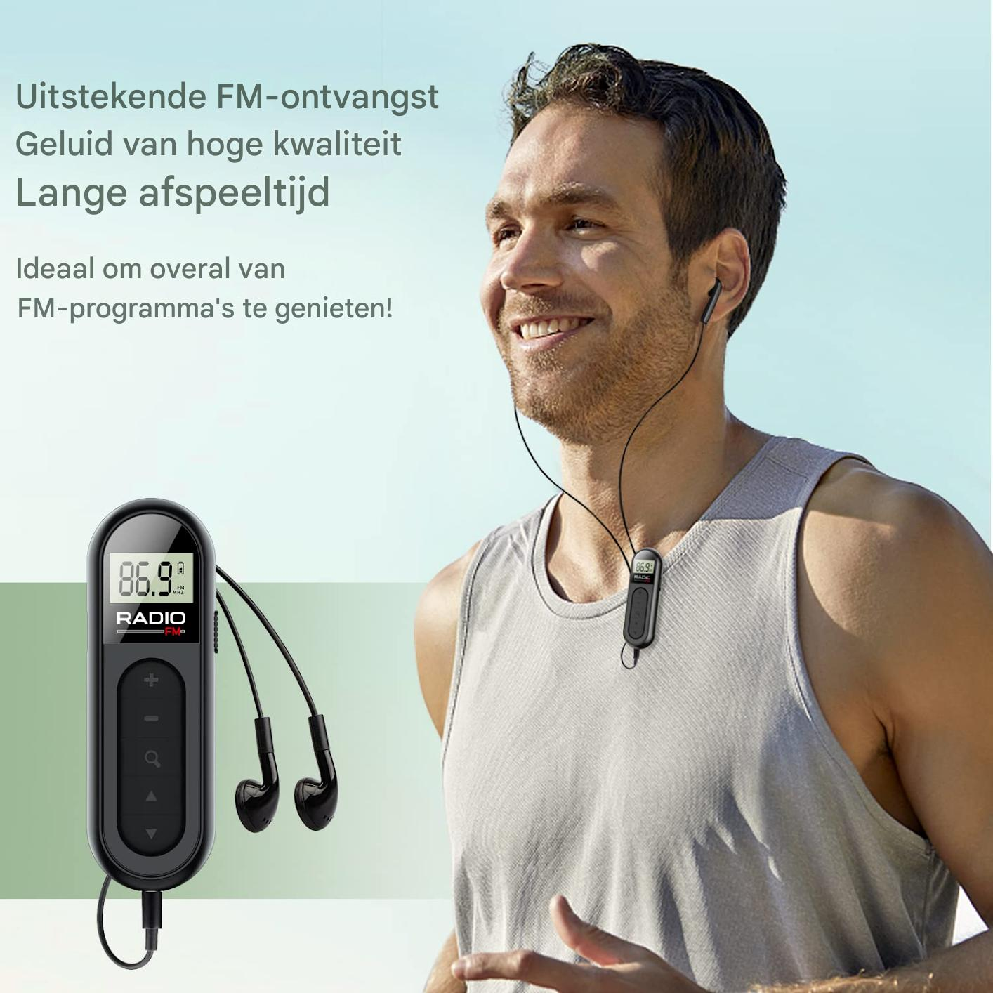 Mann mit Kopfhörern und Radio-Player beim Joggen im Freien.