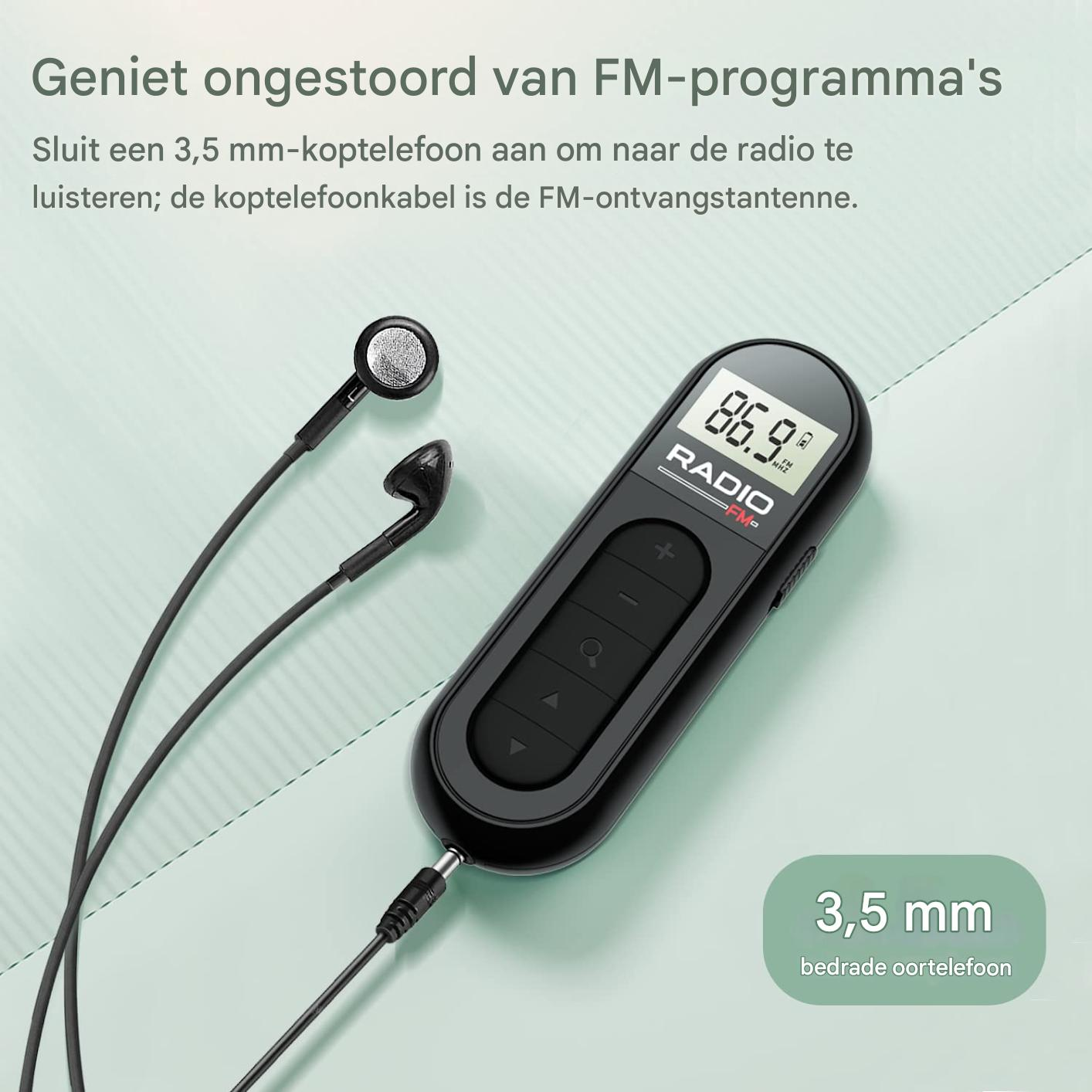 Schwarzer FM-Radio-Empfänger mit Kopfhörern und 3,5-mm-Anschluss.