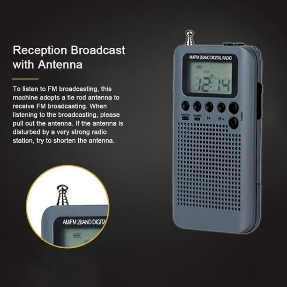 Graues Digitalradio mit ausziehbarer Antenne und LCD-Anzeige.
