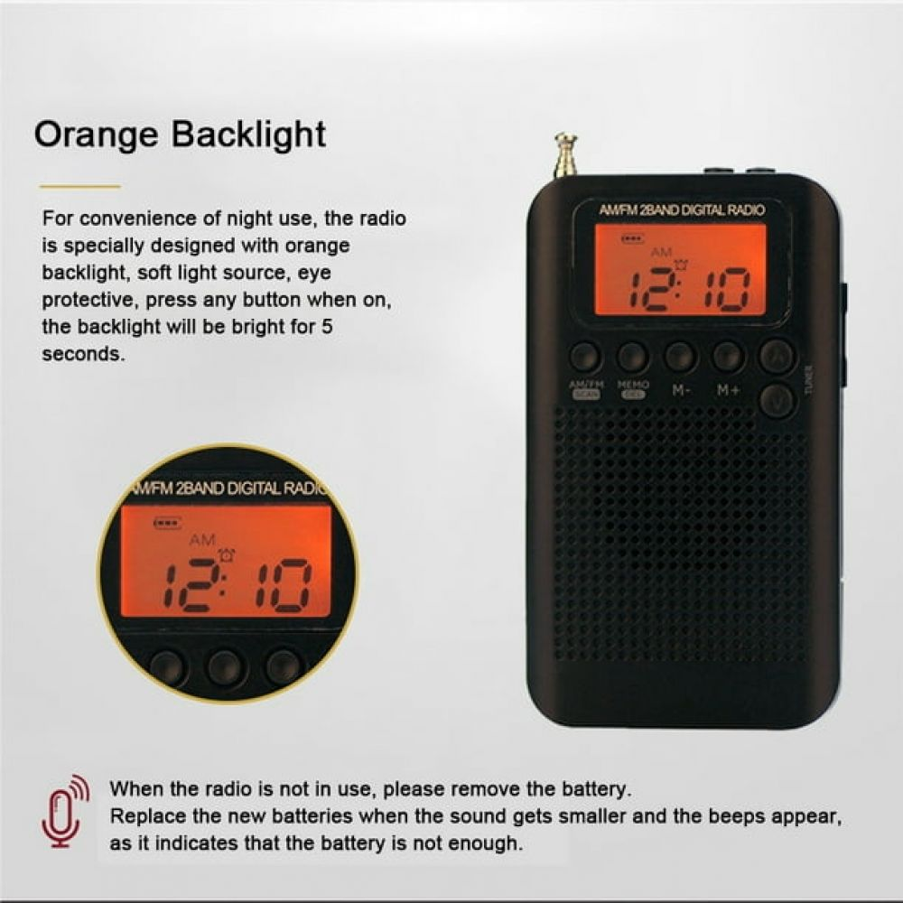 Ein schwarzes tragbares AM/FM-Radio mit orangefarbenem Display und Antenne.