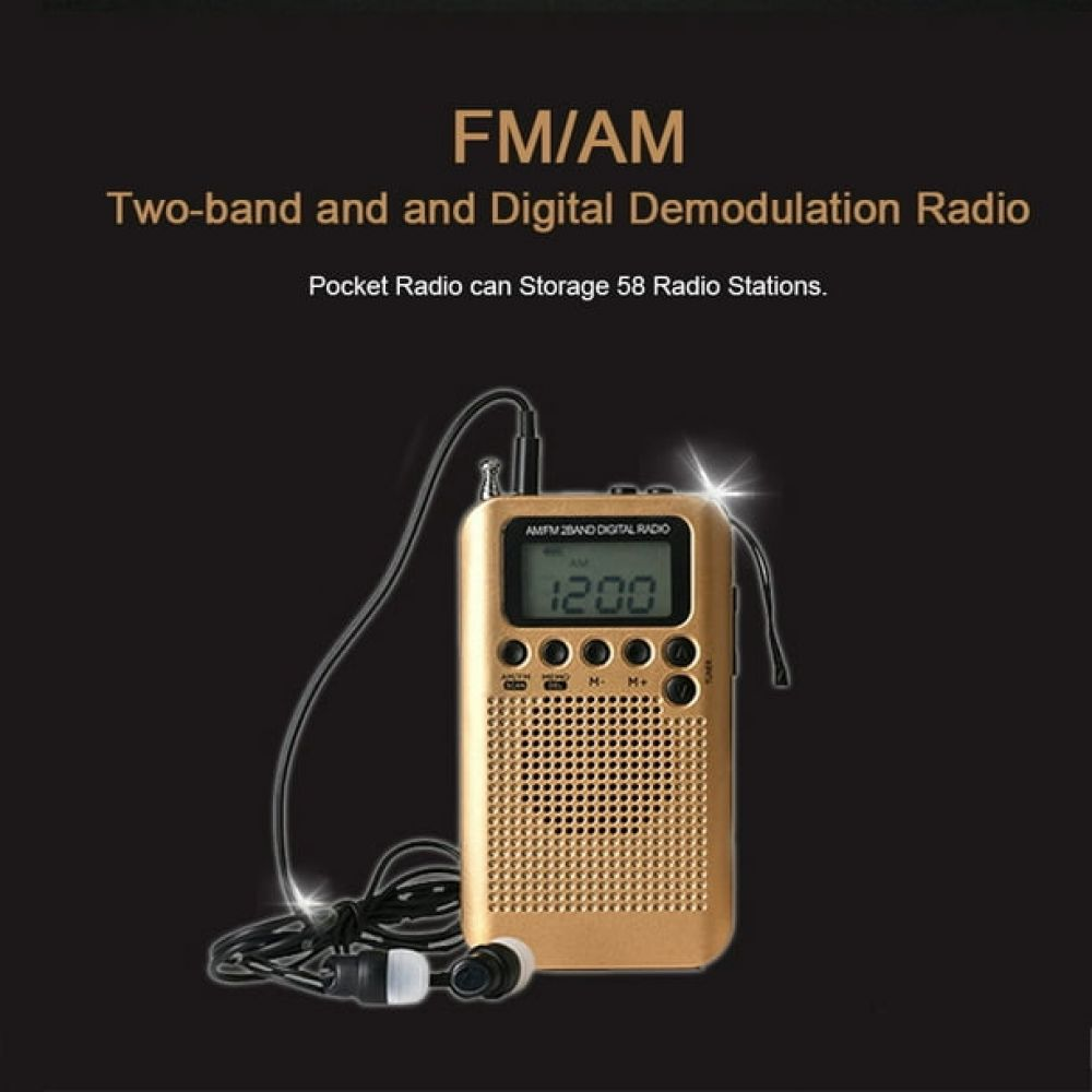 Ein goldener FM/AM-Taschenradio mit Kopfhörern und einem digitalen Display.
