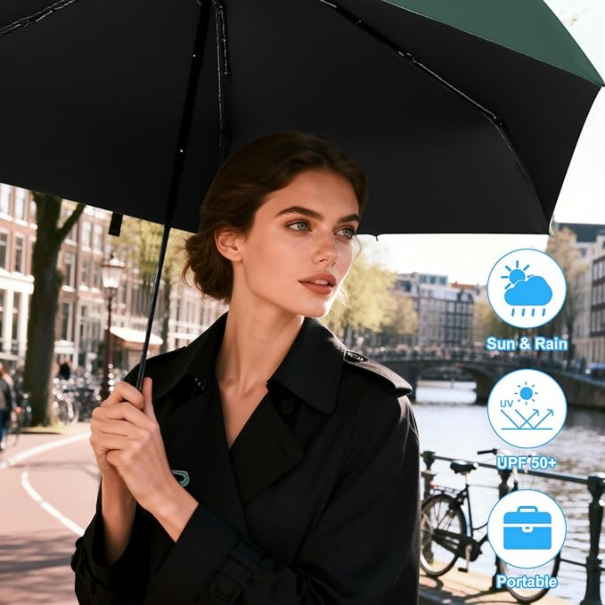 Frau mit schwarzem Regenschirm vor Gebäuden und Kanal