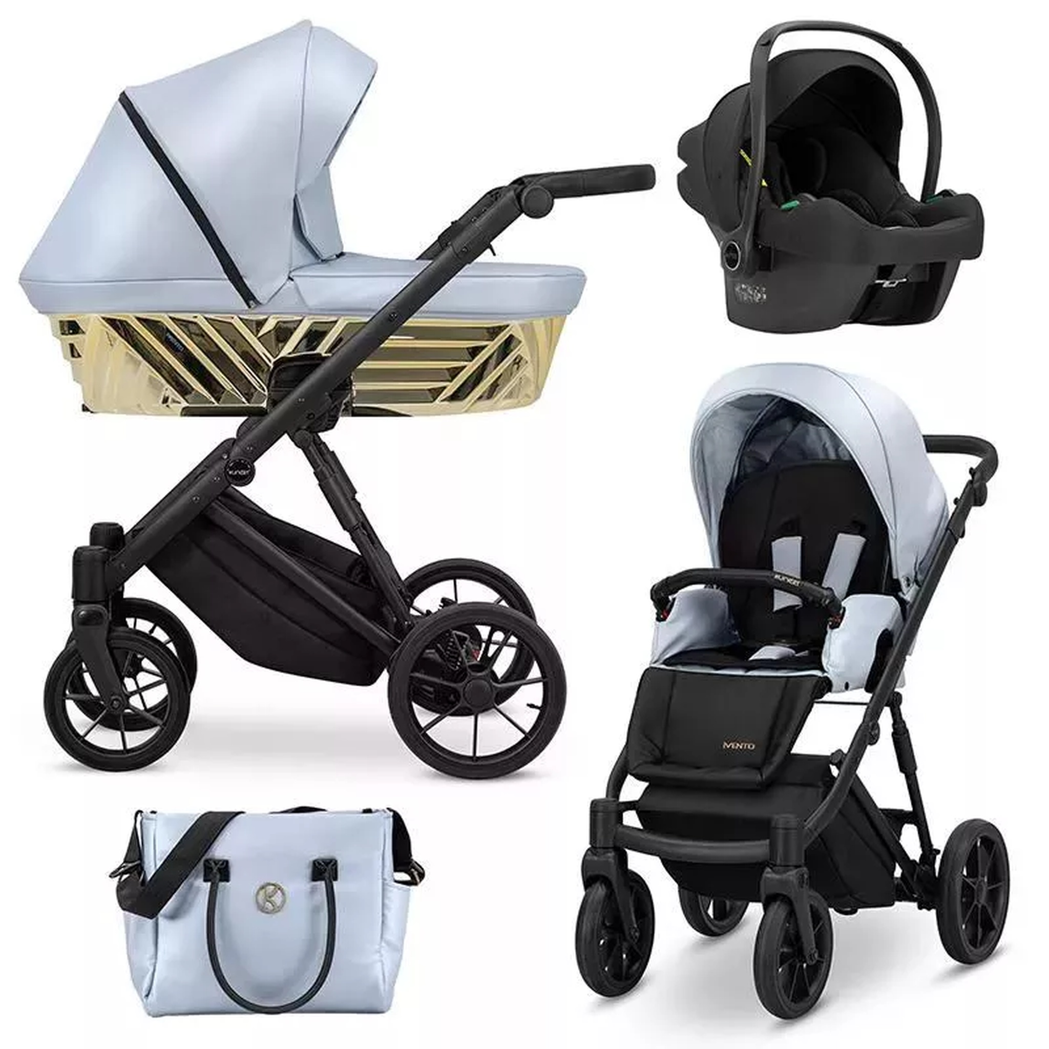 Babyartikel: Kinderwagen, Autositz, Wickeltasche in Hellblau und Schwarz.