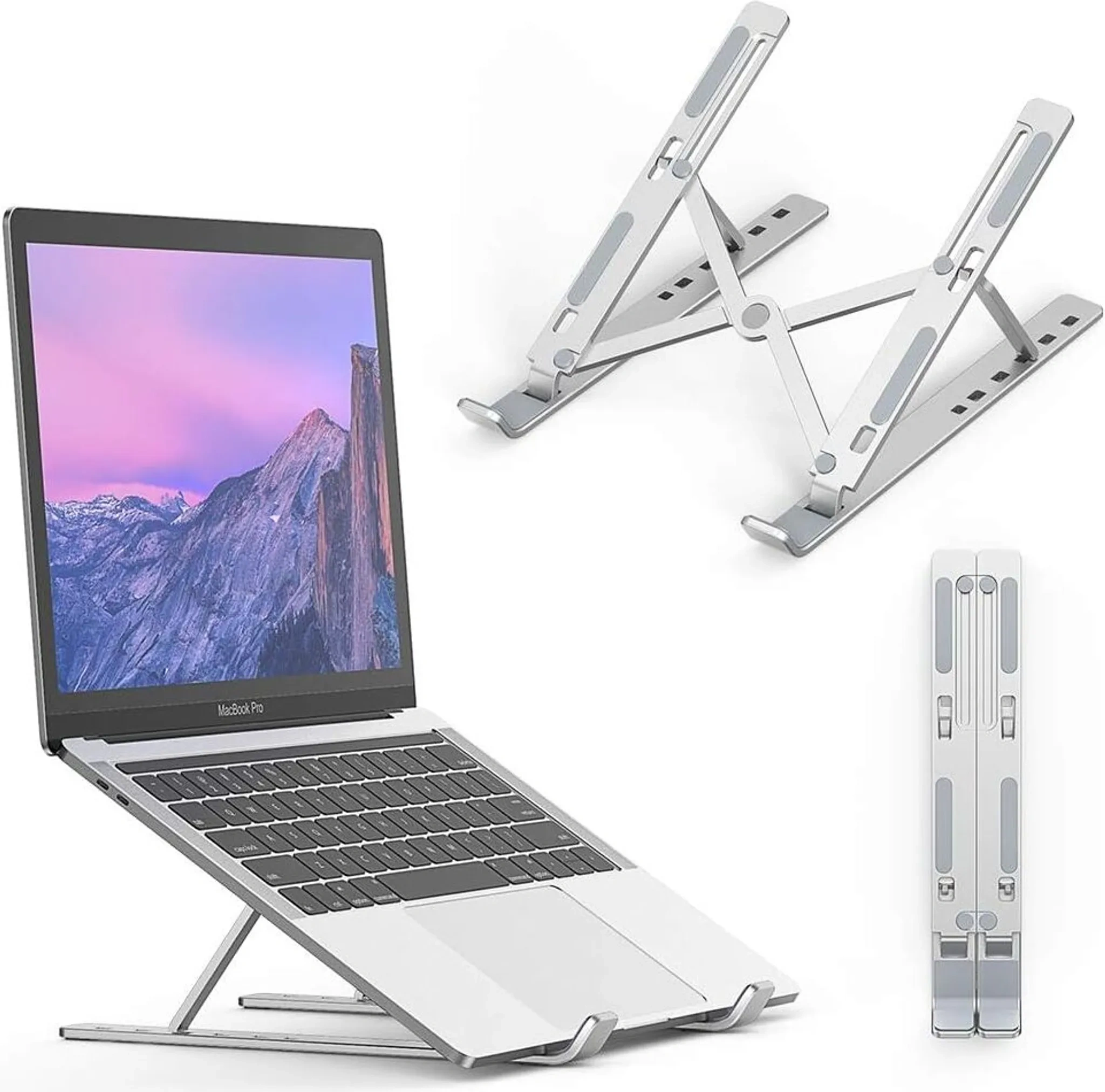 Ein Laptop auf einem Ständer, daneben ein aufgeklappter und ein zusammengeklappter Ständer.