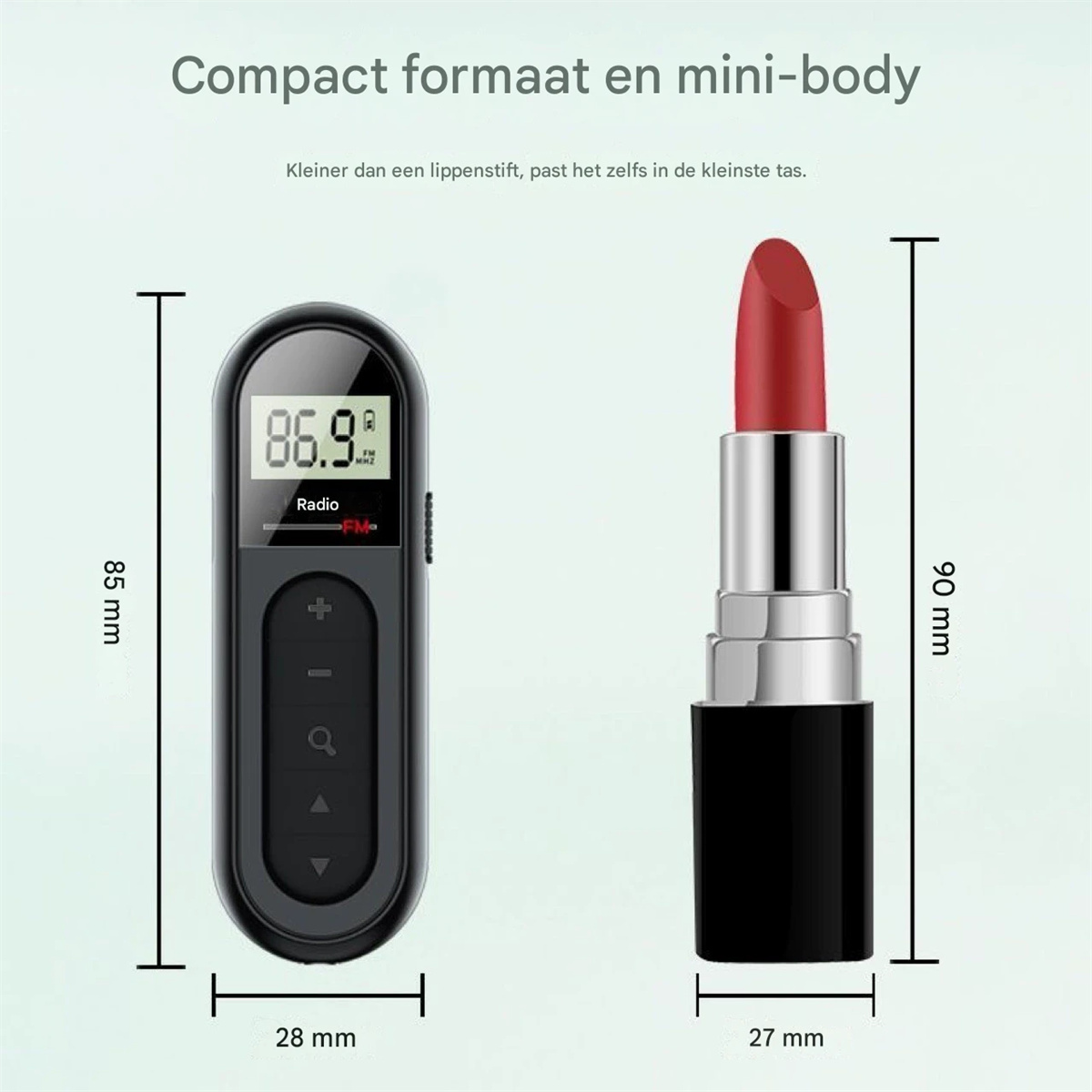 Ein schwarzer Radioempfänger (85mm) neben einem roten Lippenstift (90mm).