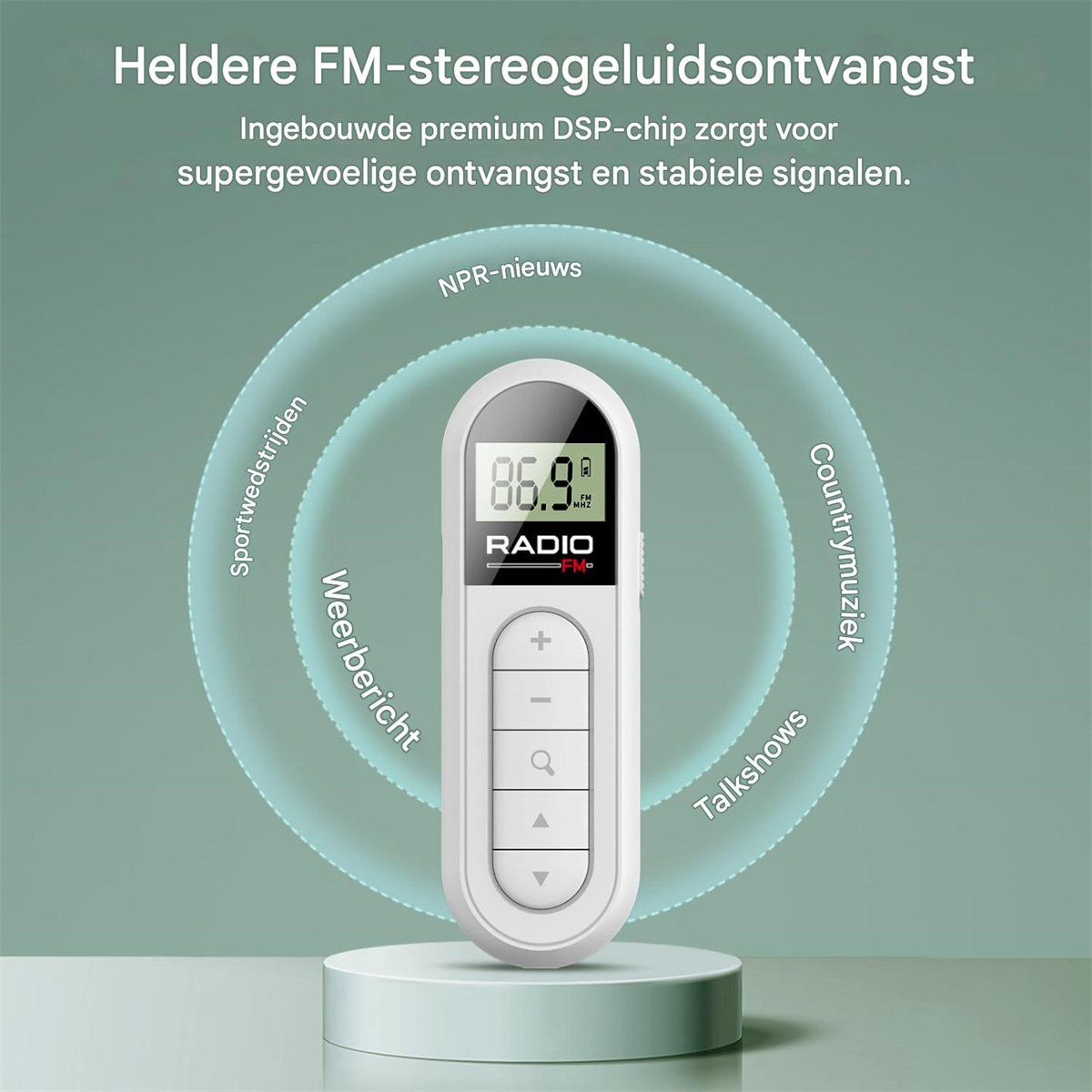 Ein weißes FM-Radio mit DSP-Chip, das 86,9 MHz anzeigt, mit Symbolen für Nachrichten, Sport, Wetter, Musik, Talkshows.
