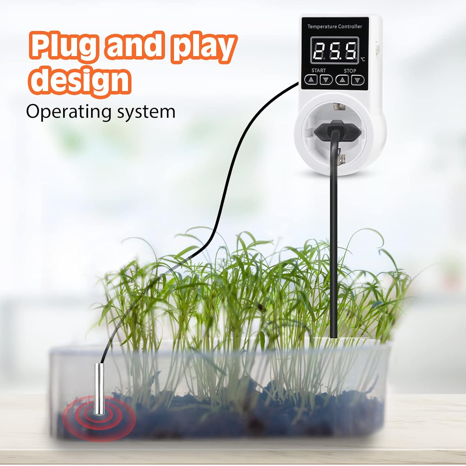 Ein Temperaturregler mit LCD-Display, der mit einer Steckdose und einem Sensor für Pflanzen verbunden ist.