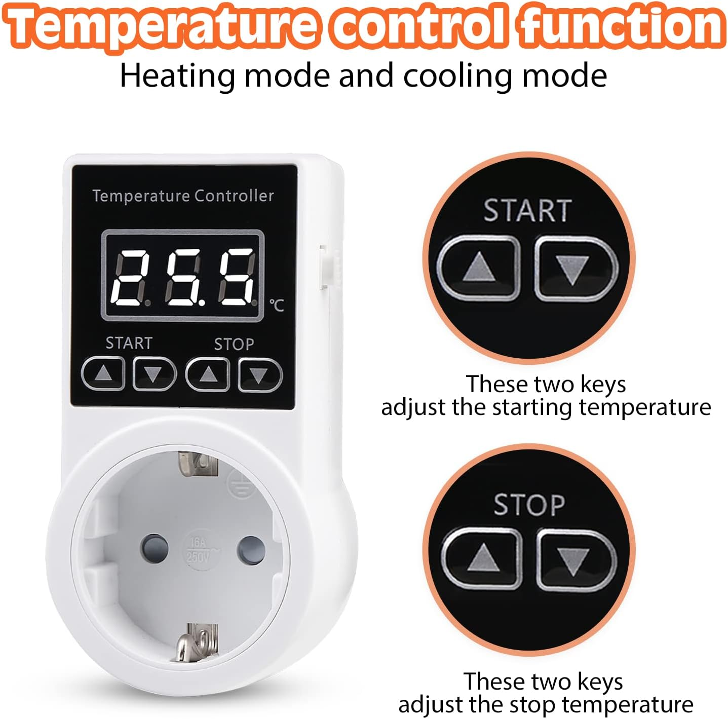 Ein weißer Temperaturregler mit digitaler Anzeige und Steckdose. Mit Tasten zum Einstellen.