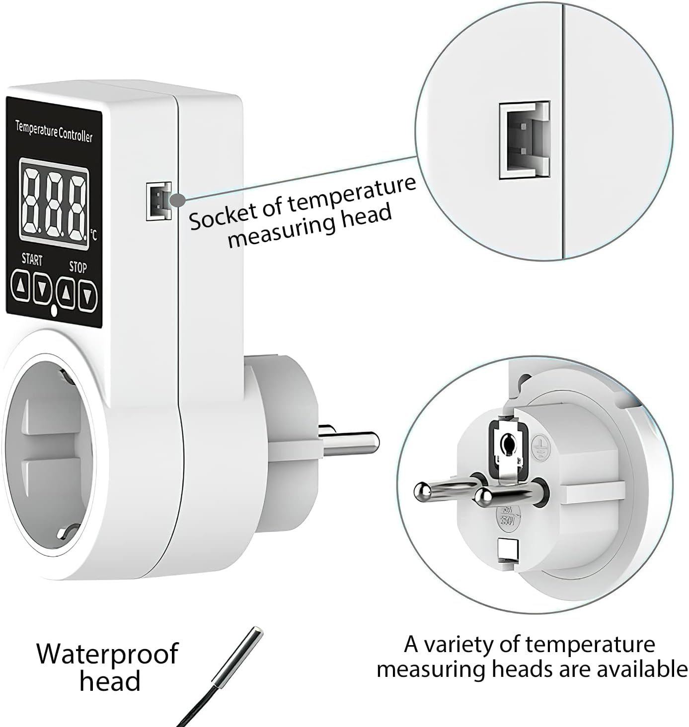 Ein weißer Temperaturregler mit digitaler Anzeige, Steckdose und Stecker.